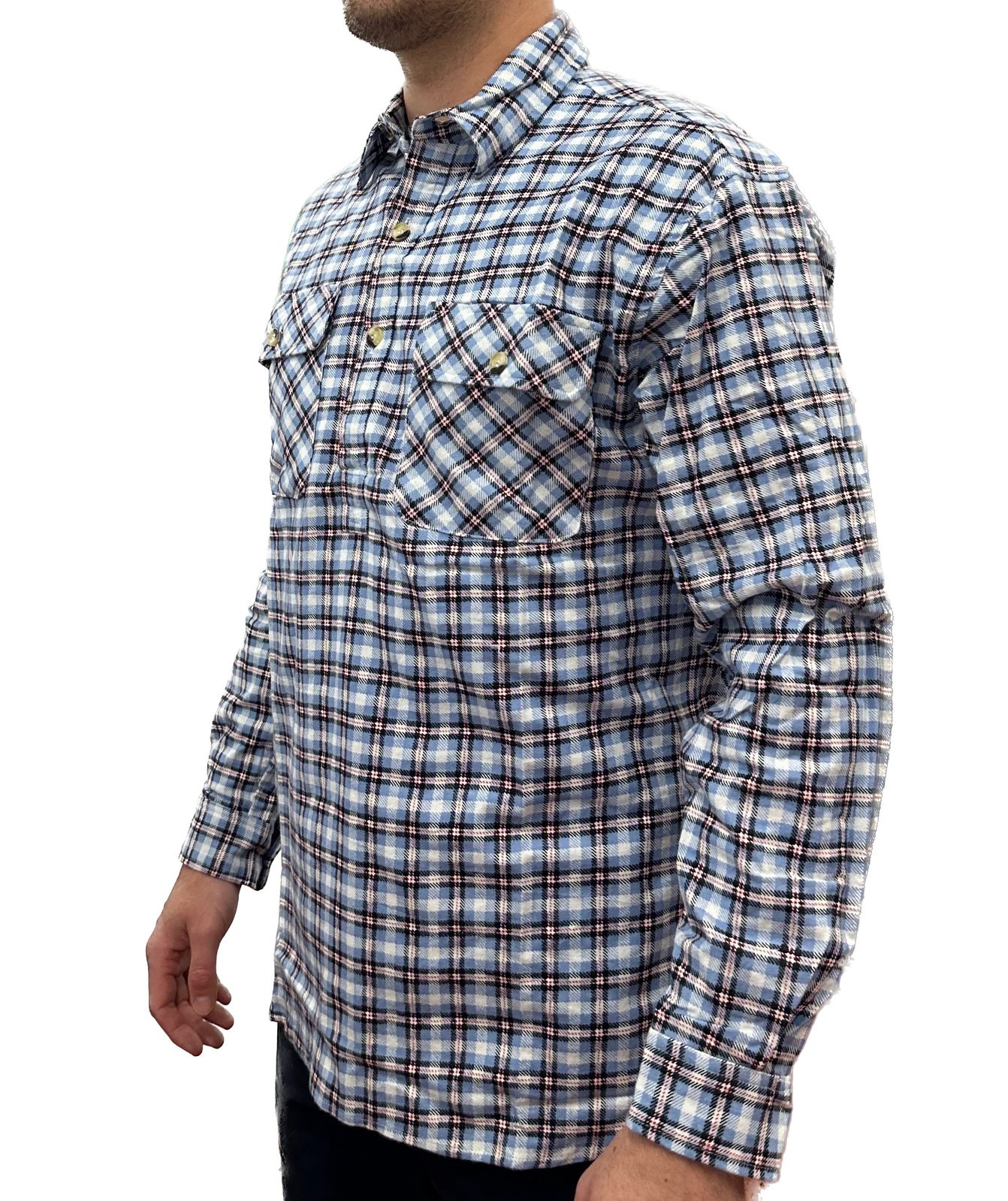 Mens Flannelette Long Sleeve Pullover Shirt 100% Cotton Flannel - Half Placket - Blue Check - M