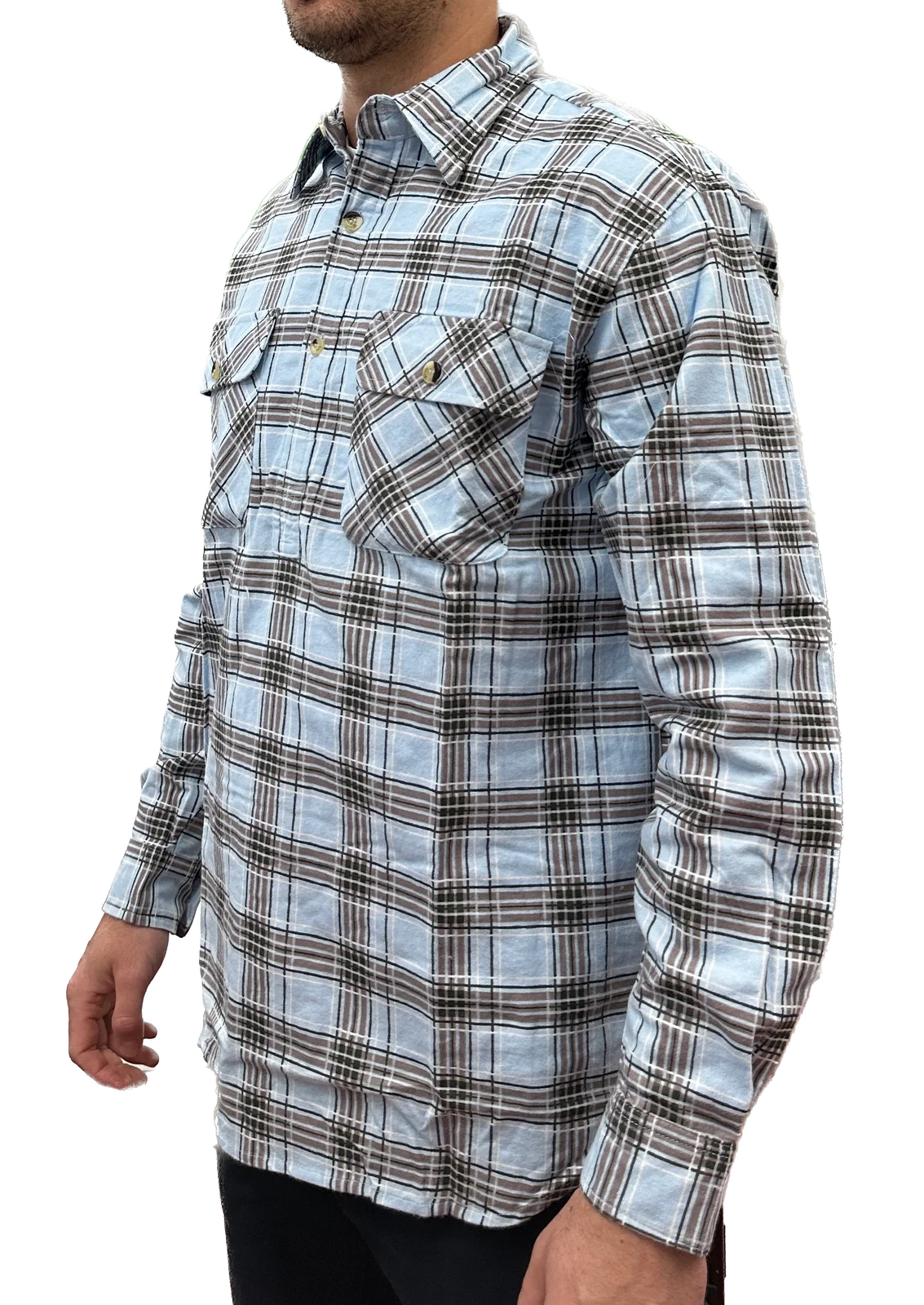 Mens Flannelette Long Sleeve Pullover Shirt 100% Cotton Flannel - Half Placket - Sky Blue/Grey Check - M