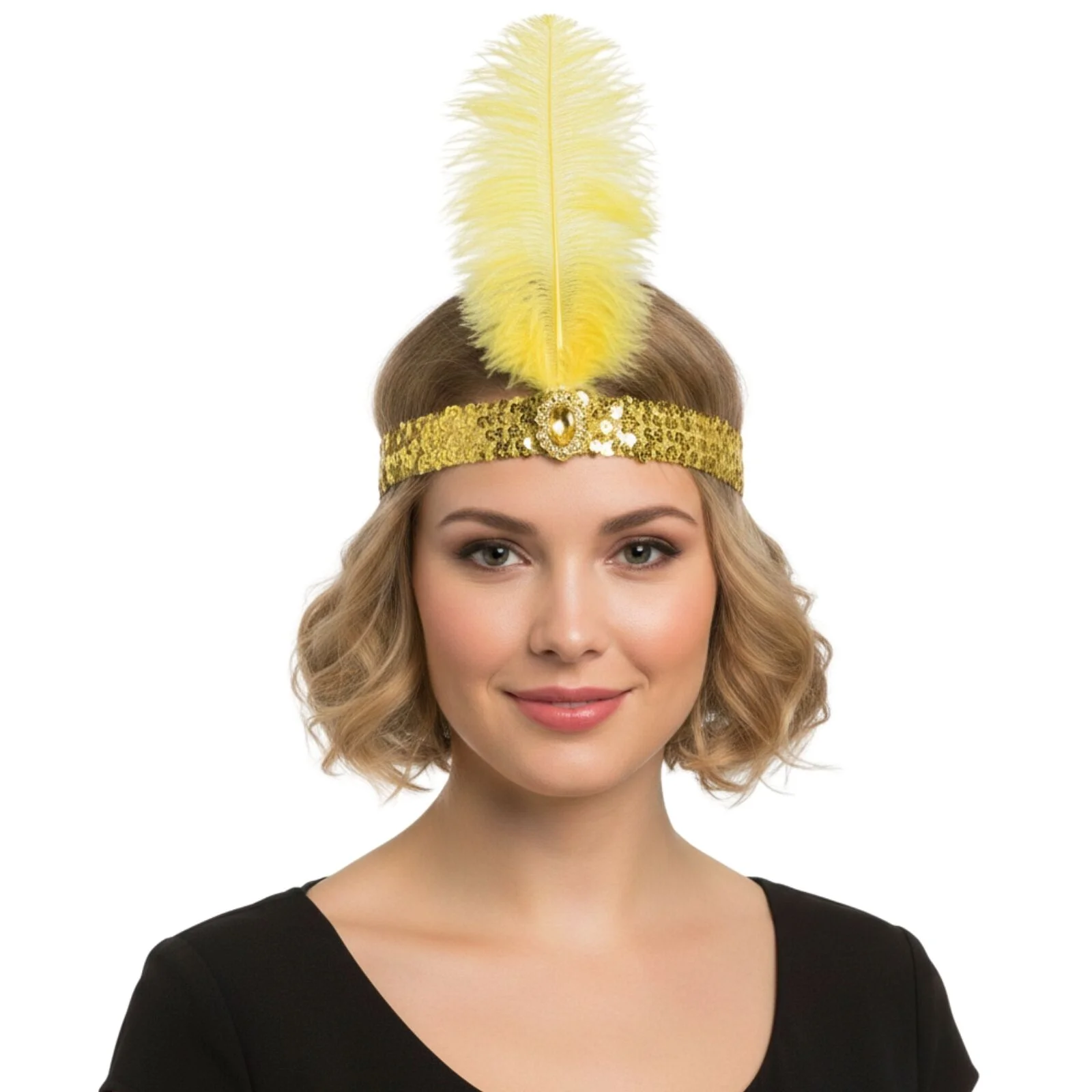 1920s FLAPPER HEADBAND Headpiece Feather Sequin Charleston Costume Gatsby Dance - Yellow