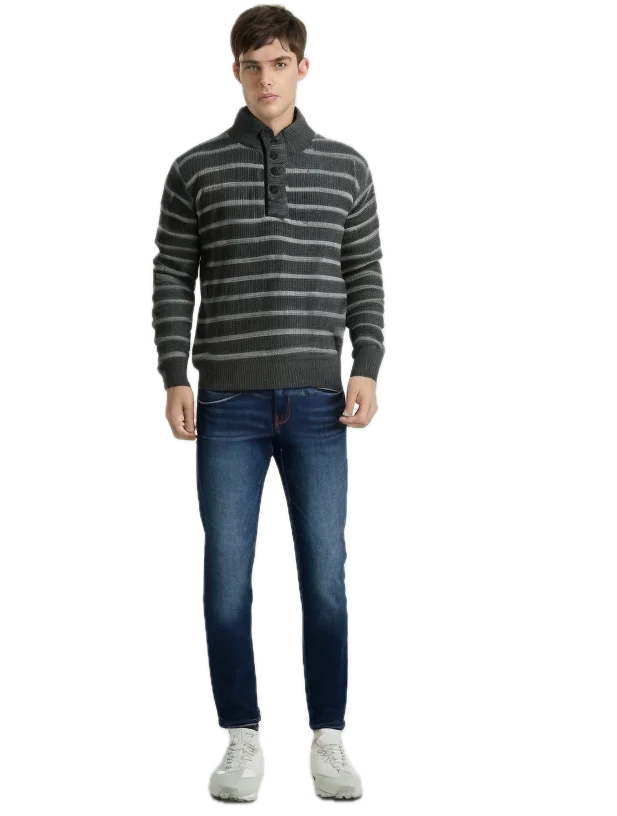 Mens Knit Jumper Button Up Pullover Sweater Knitted Casual Cardigan Warm Winter - Grey - M