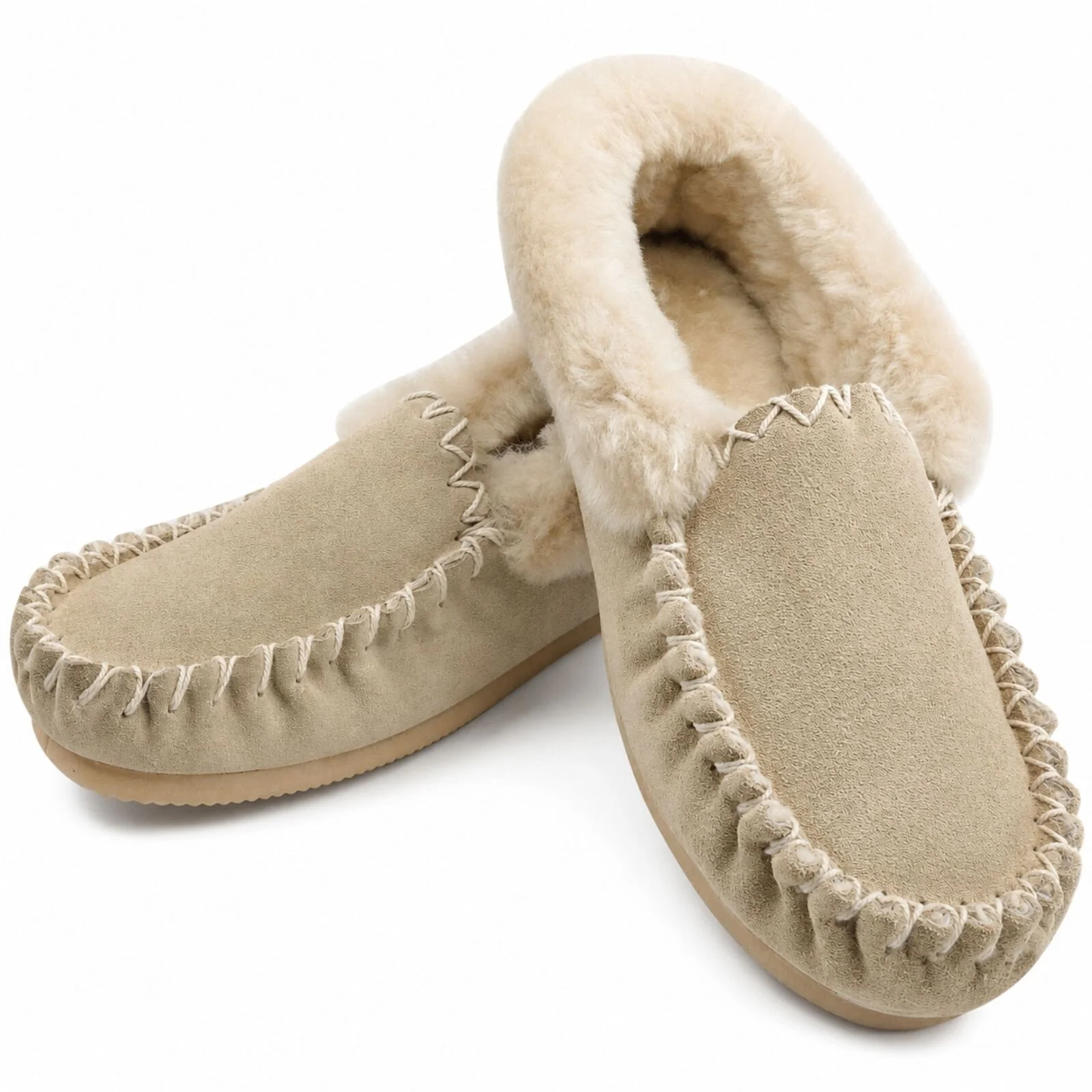 Sheepskin Merino Wool Moccasin Slippers Genuine UGG Slip On - Beige (Sand)