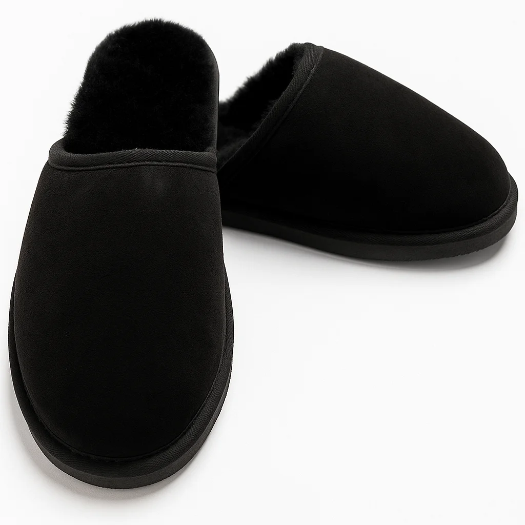 Sheepskin Wool Mens Slippers Scuffs Slip On Winter Ugg Slippers in Black - 8