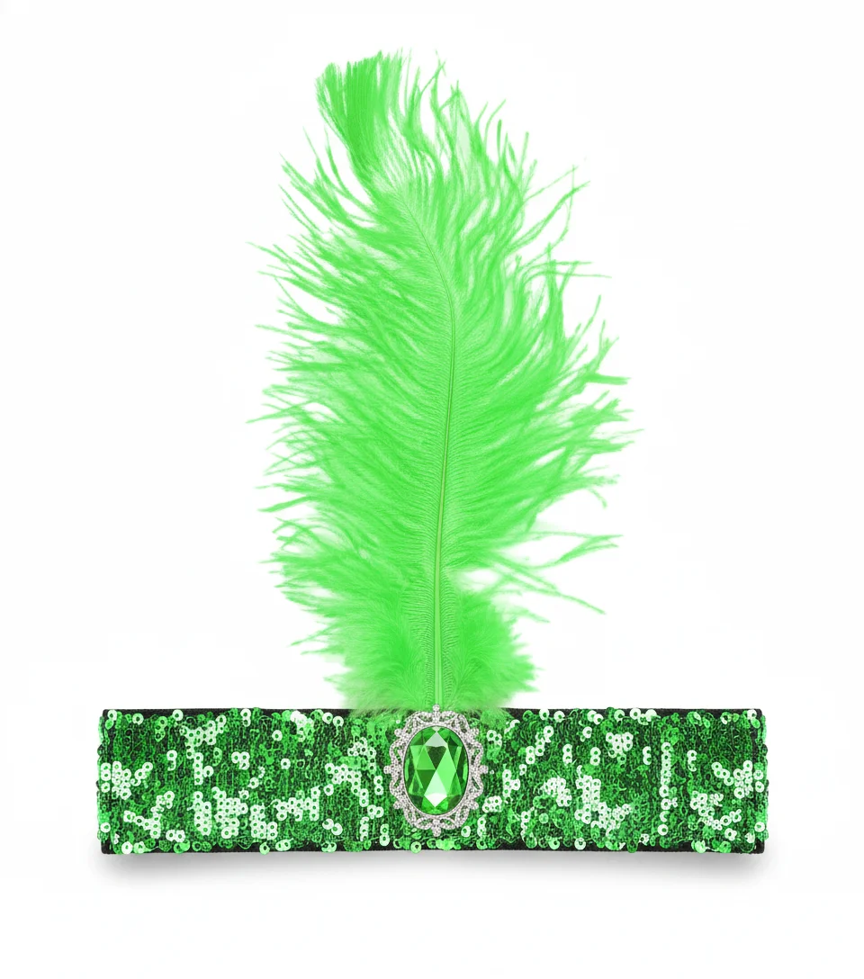 WIDE FLAPPER HEADBAND Feather Sequin Costume Gatsby Charleston Headpiece 1920s - Green