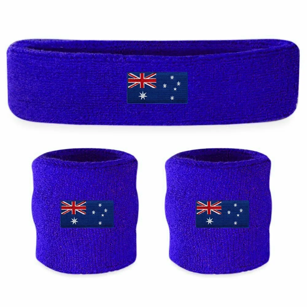 WRISTBAND & HEADBAND SET Tennis Terry Towelling Cotton Sweat Band Team Gym  - Australia Flag