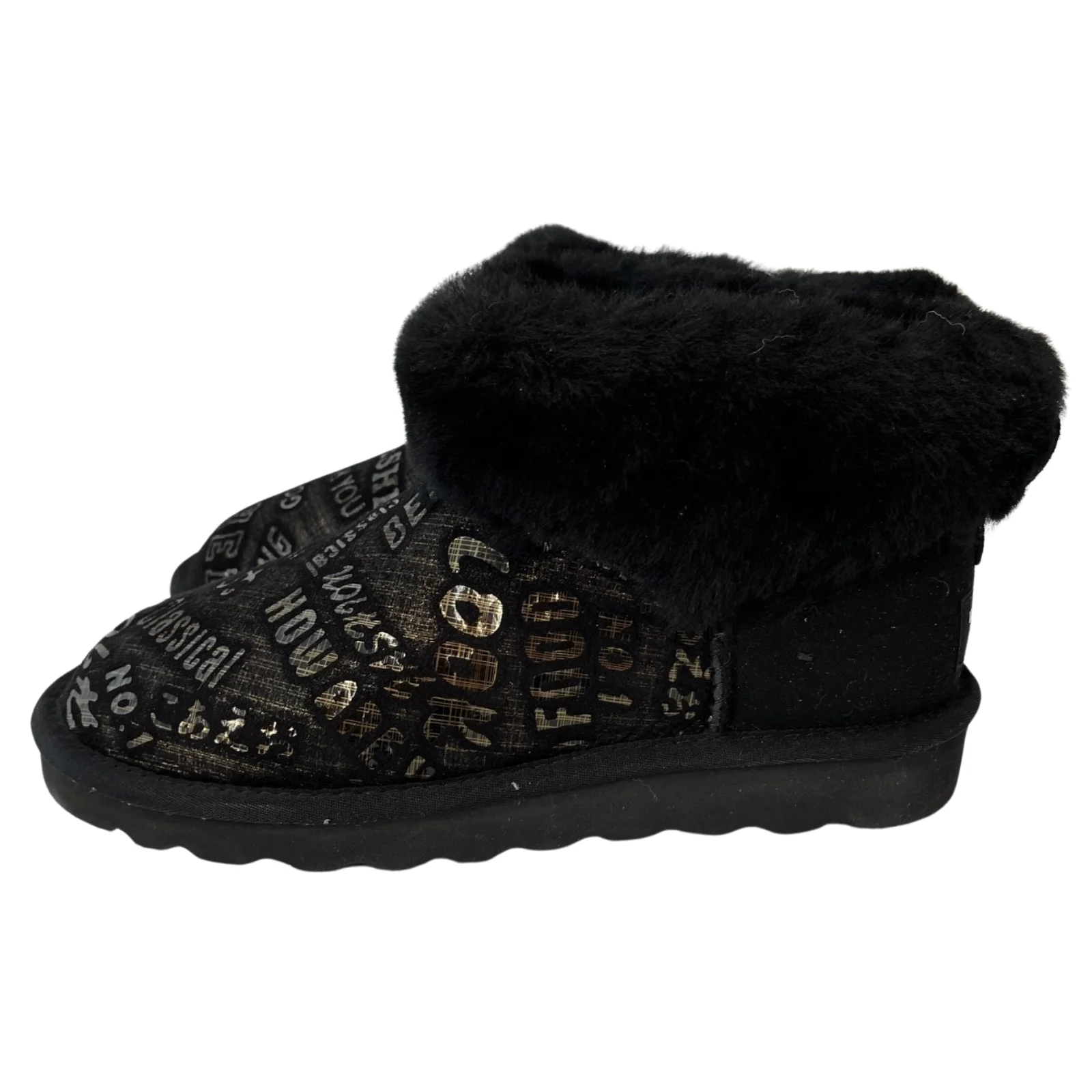 Womens Australian Sheepskin Wool Fur Mini UGG Ankle Boots in Gold Black - 6