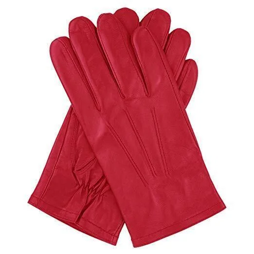 Dents Mens Genuine Full Grain Leather Gloves 3 Point Stitch Fleece Lined Warm Winter in Red - Small