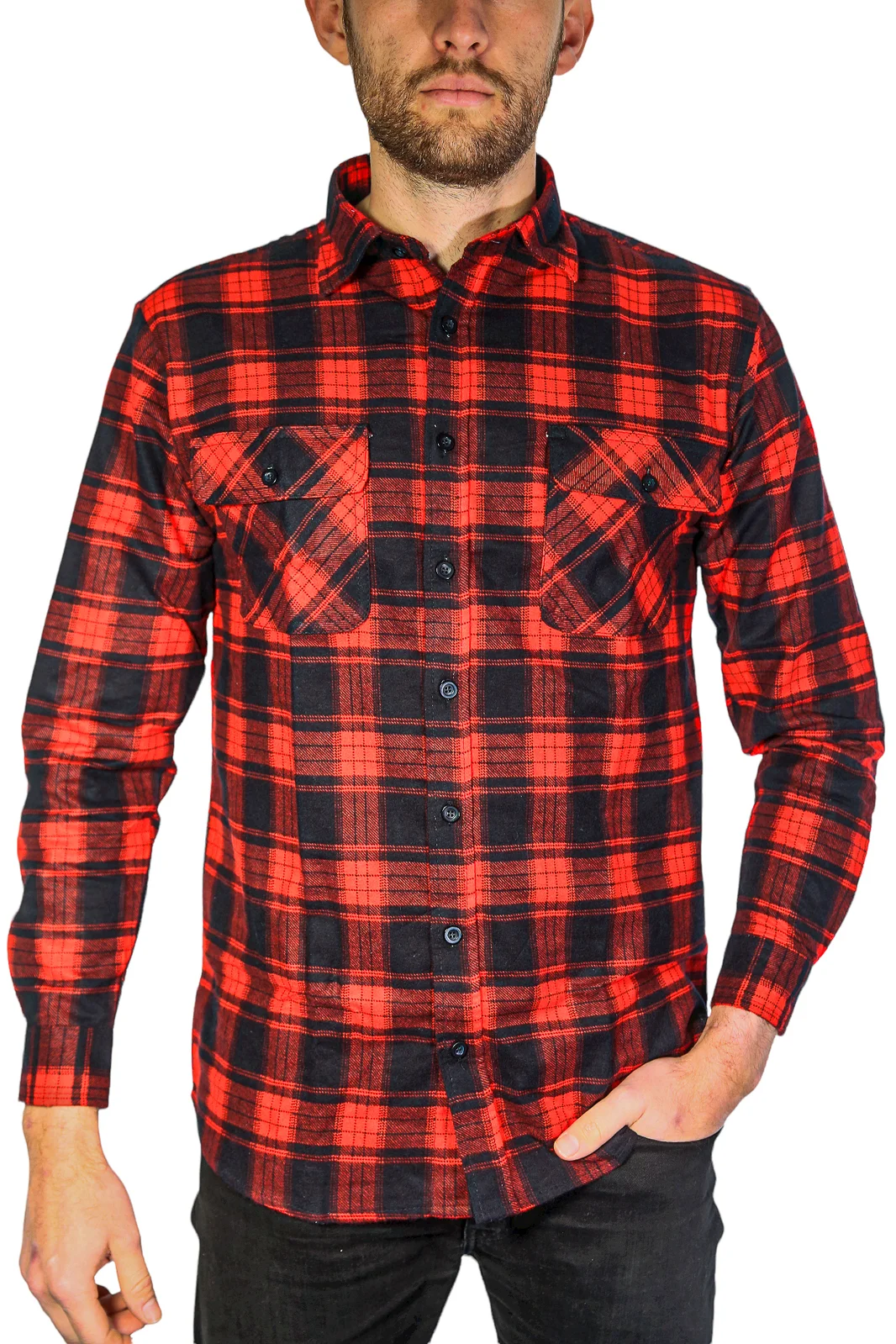 Mens Flannelette Long Sleeve Shirt 100% Cotton Check Authentic Flannel - Full Placket - Red  - 9XL