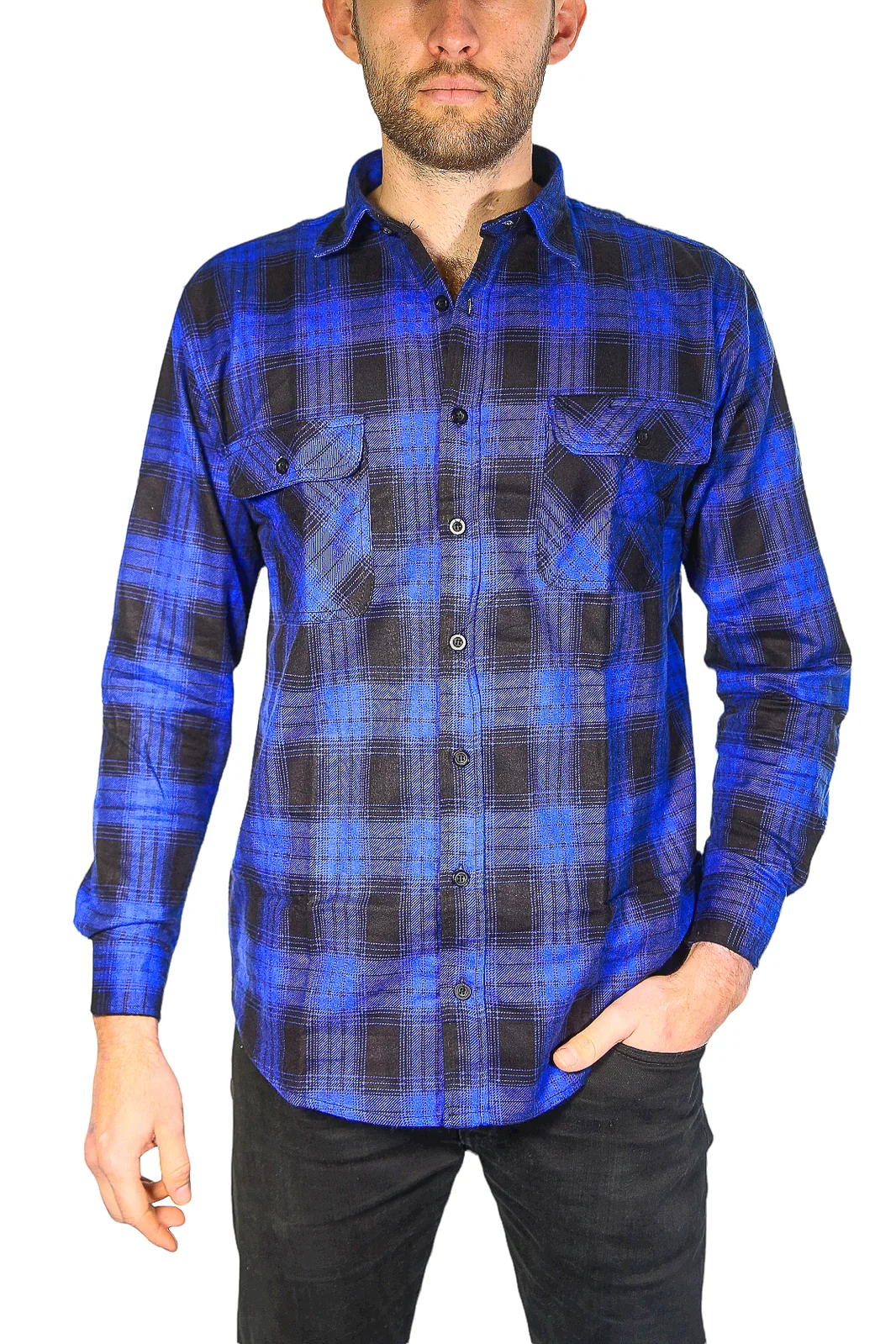 Mens Flannelette Long Sleeve Shirt 100% Cotton Check Authentic Flannel - Full Placket - Royal Blue  - M