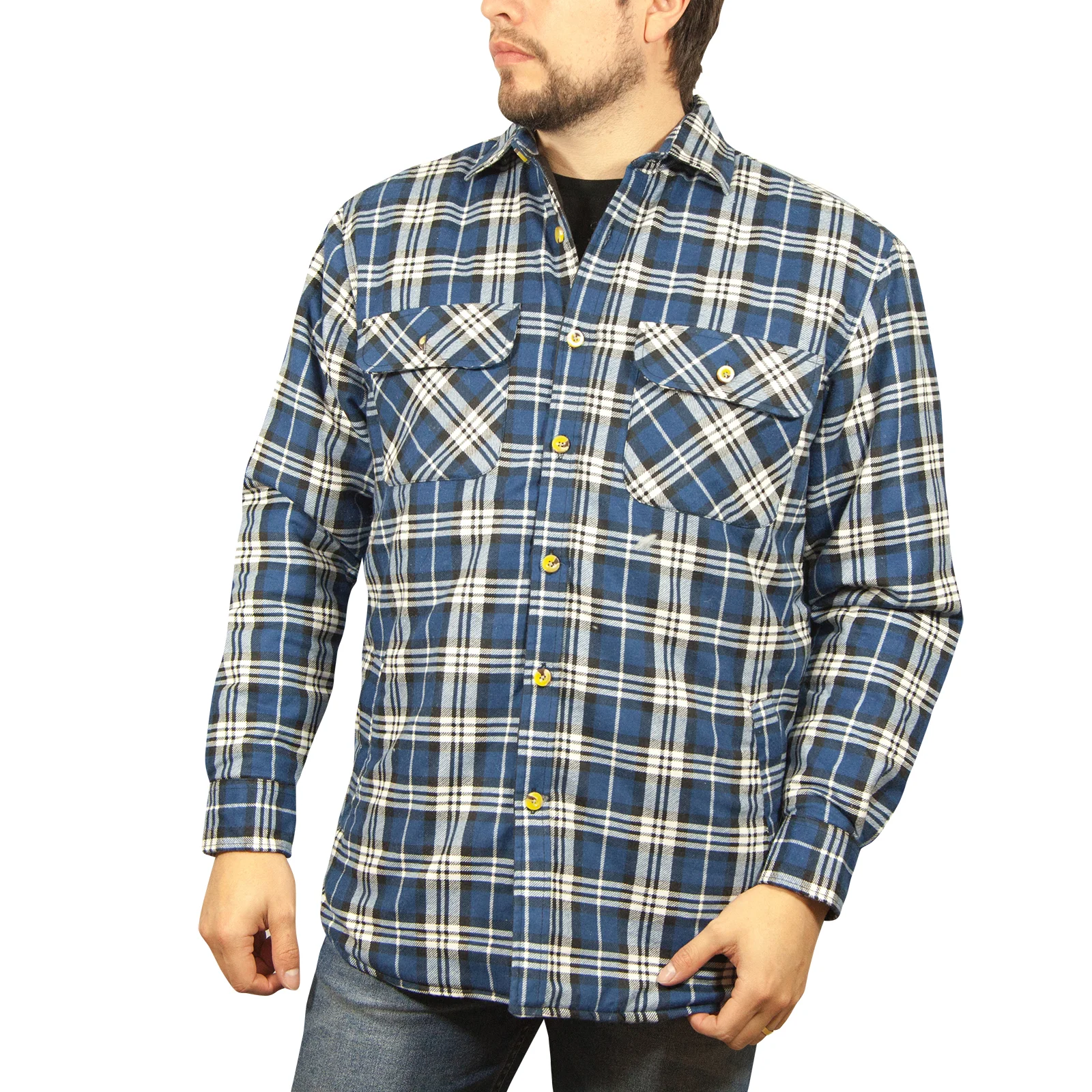 Mens Flannelette Long Sleeve Shirt 100% Cotton Check - Full Placket - Spanish Blue - 6XL
