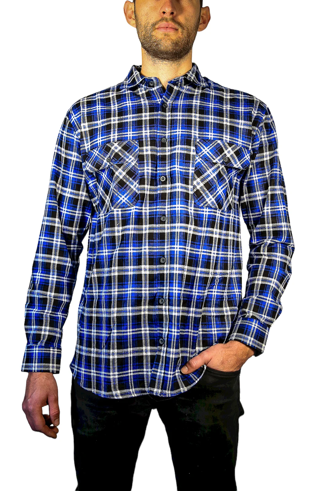 Mens 100% Cotton Flannelette Shirt Long Sleeve Check Authentic Flannel - Denim - 7XL