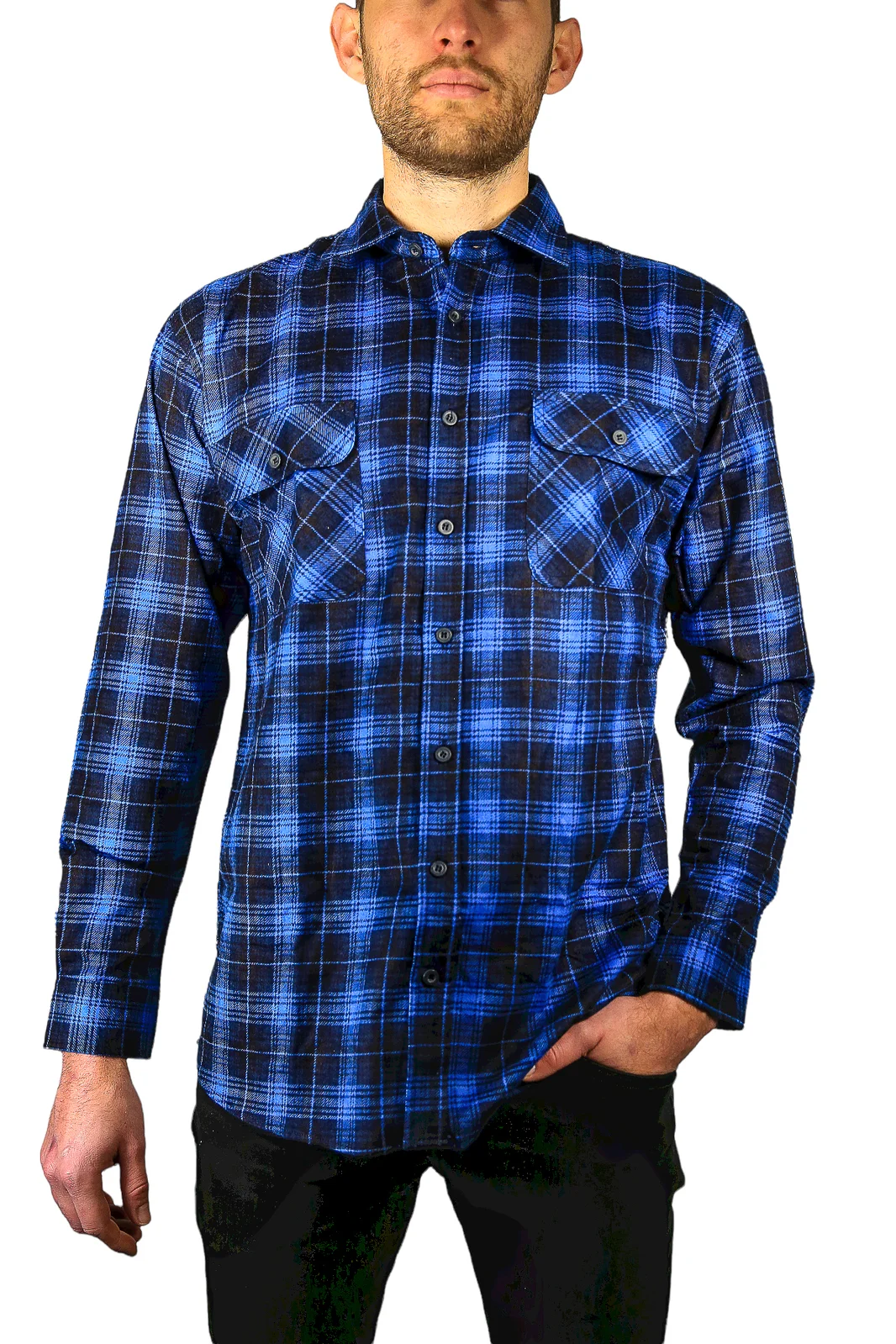 Mens 100% Cotton Flannelette Shirt Long Sleeve Check Authentic Flannel - Blue - 3XL