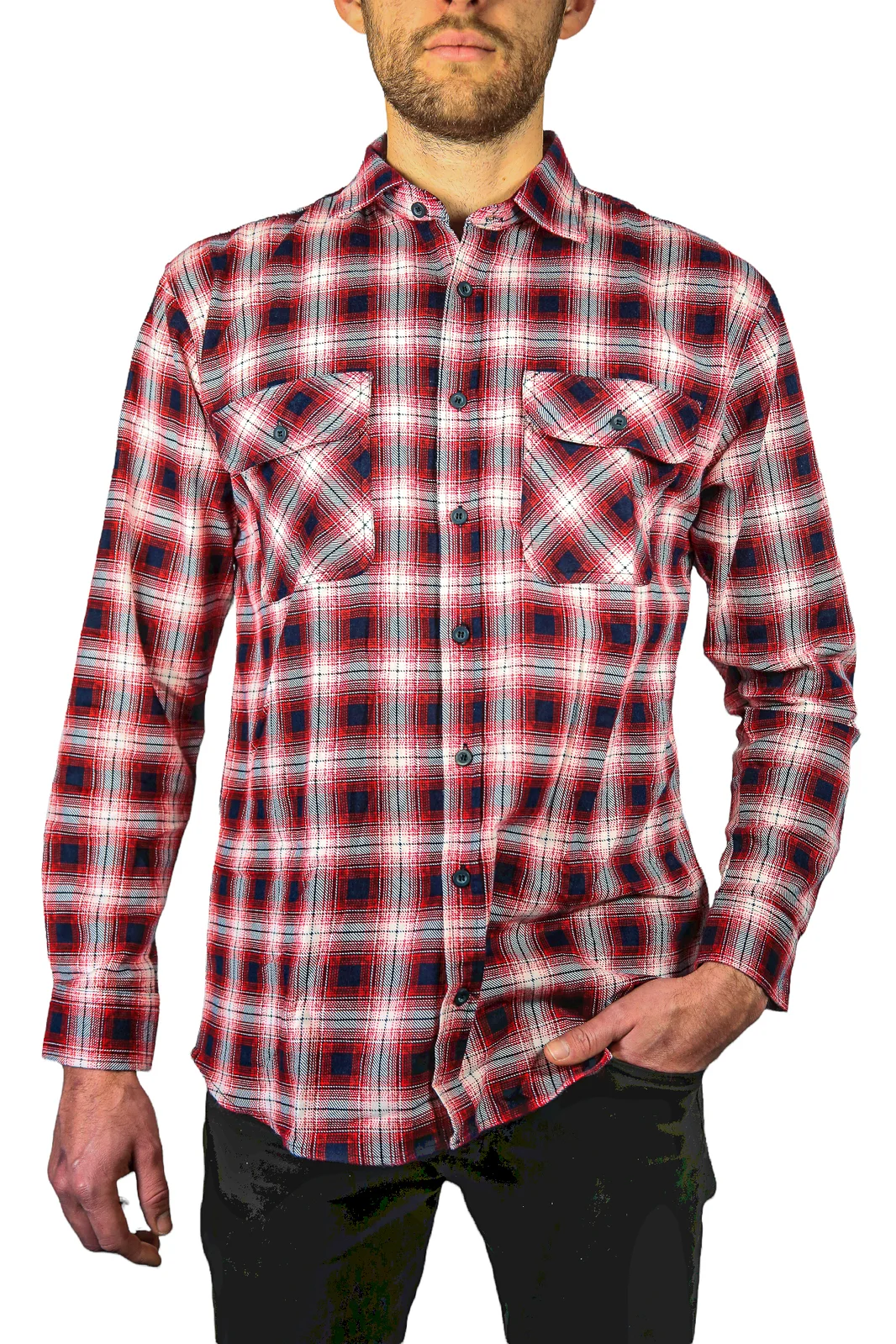 Mens 100% Cotton Flannelette Shirt Long Sleeve Check Authentic Flannel - Red/Navy - 6XL