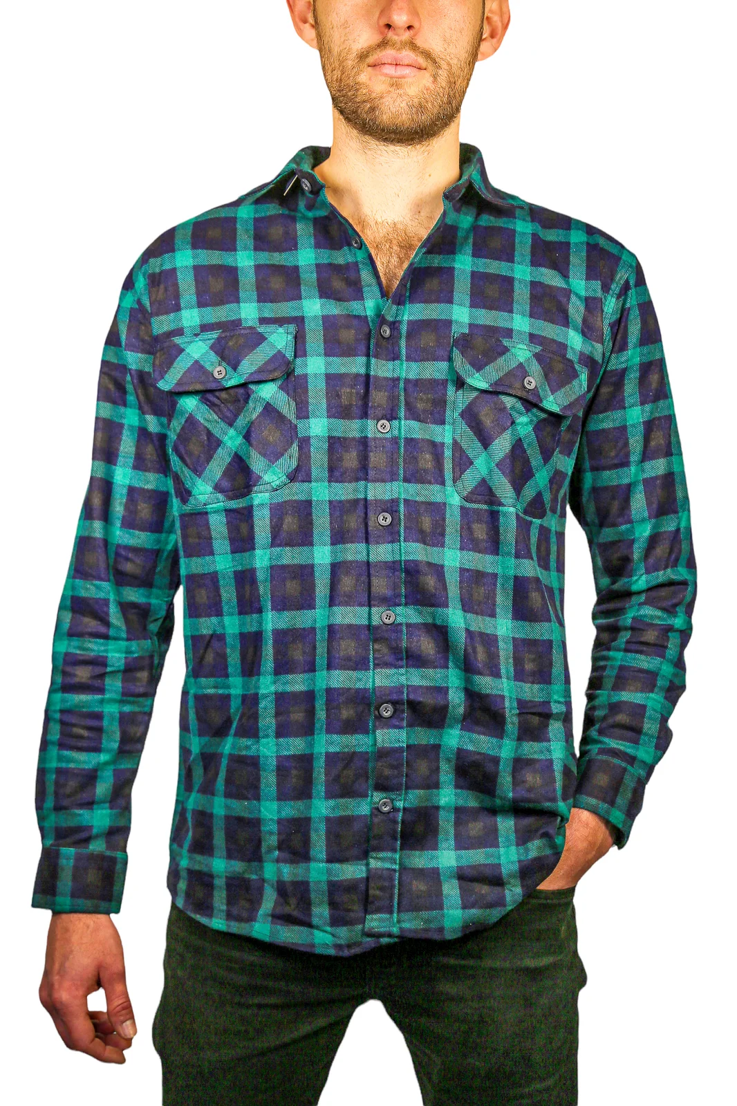 Mens 100% Cotton Flannelette Shirt Long Sleeve Check Authentic Flannel - Green/Navy - 7XL