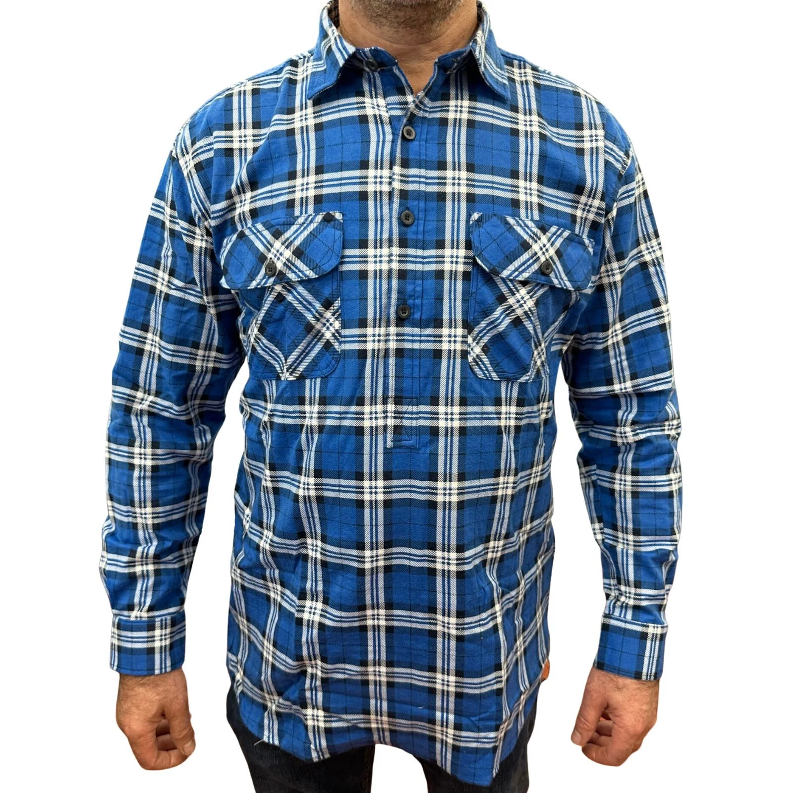 Mens Flannelette Long Sleeve Pullover Shirt 100% Cotton Flannel - Half Placket - Navy - 3XL