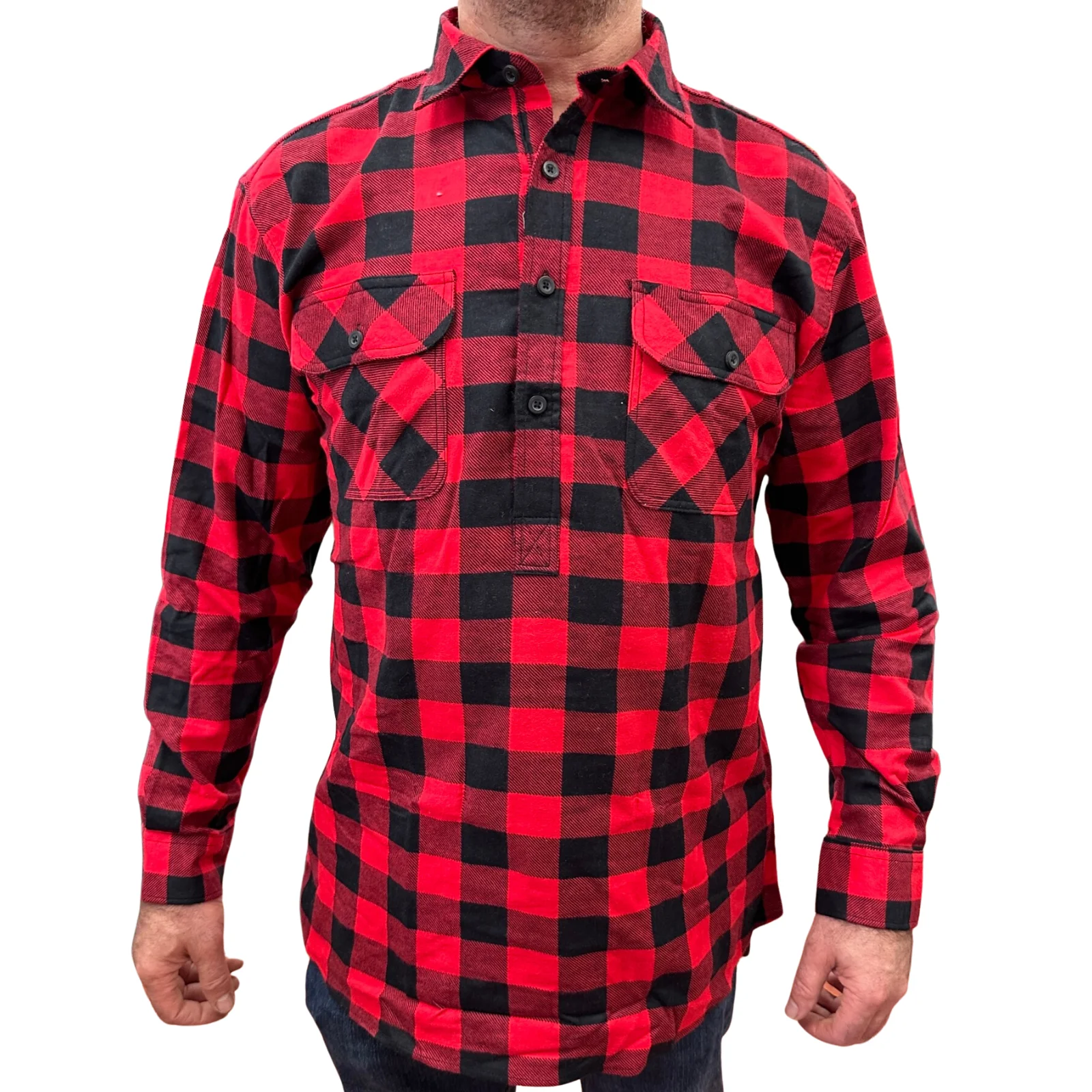 Mens Flannelette Long Sleeve Pullover Shirt 100% Cotton Flannel - Half Placket - Red/Black - XXL