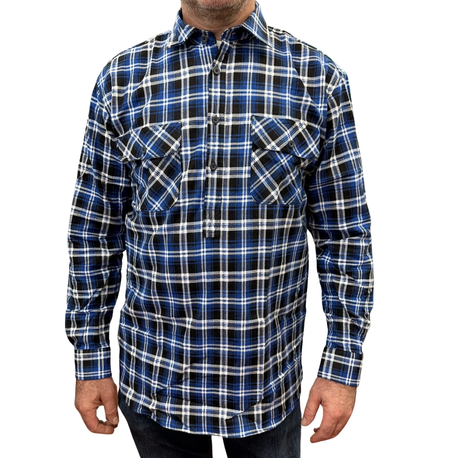 Mens Flannelette Long Sleeve Pullover Shirt 100% Cotton Flannel - Half Placket - Blue/Black - 8XL