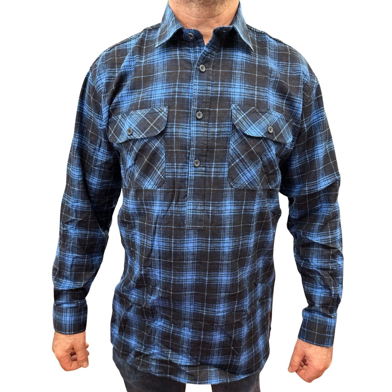Mens Flannelette Long Sleeve Pullover Shirt 100% Cotton Flannel - Half Placket - Blue - 5XL