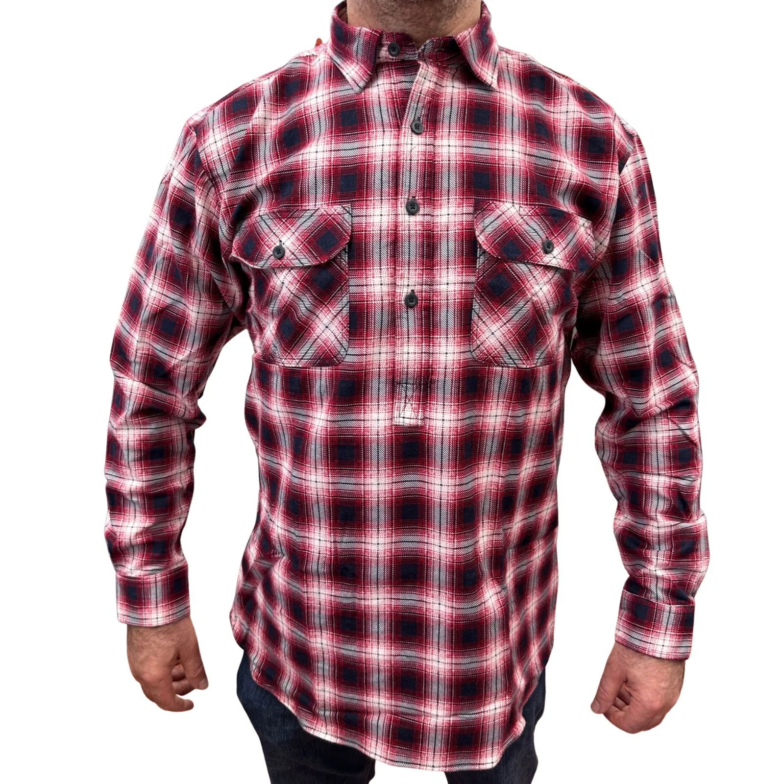Mens Flannelette Long Sleeve Pullover Shirt 100% Cotton Flannel - Half Placket - Red/Navy - L