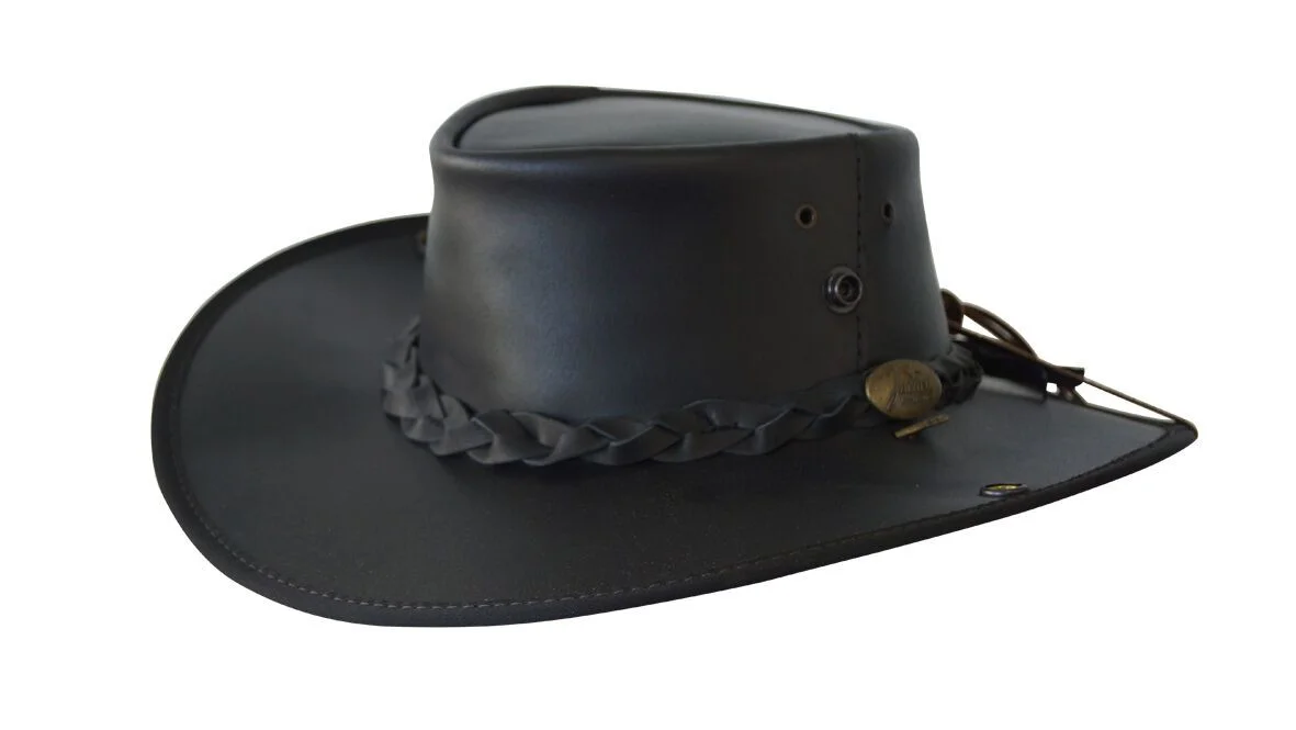 Jacaru Boundary Rider Bovine Cow Leather Hat Chinstrap Side Snaps - Black