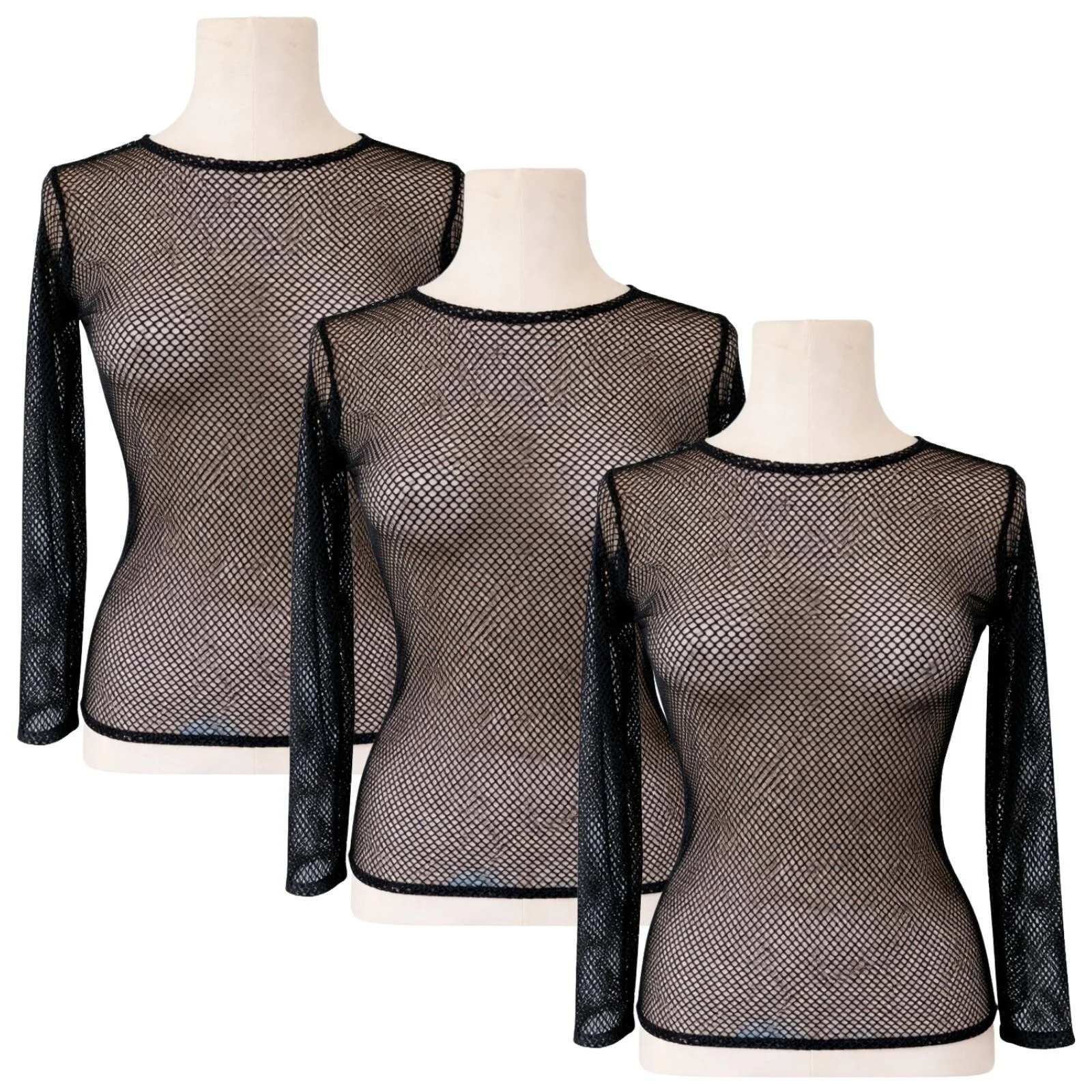 3x Womens Fishnet Mesh Top Long Sleeve Sheer Stretch See Through Costume - Black