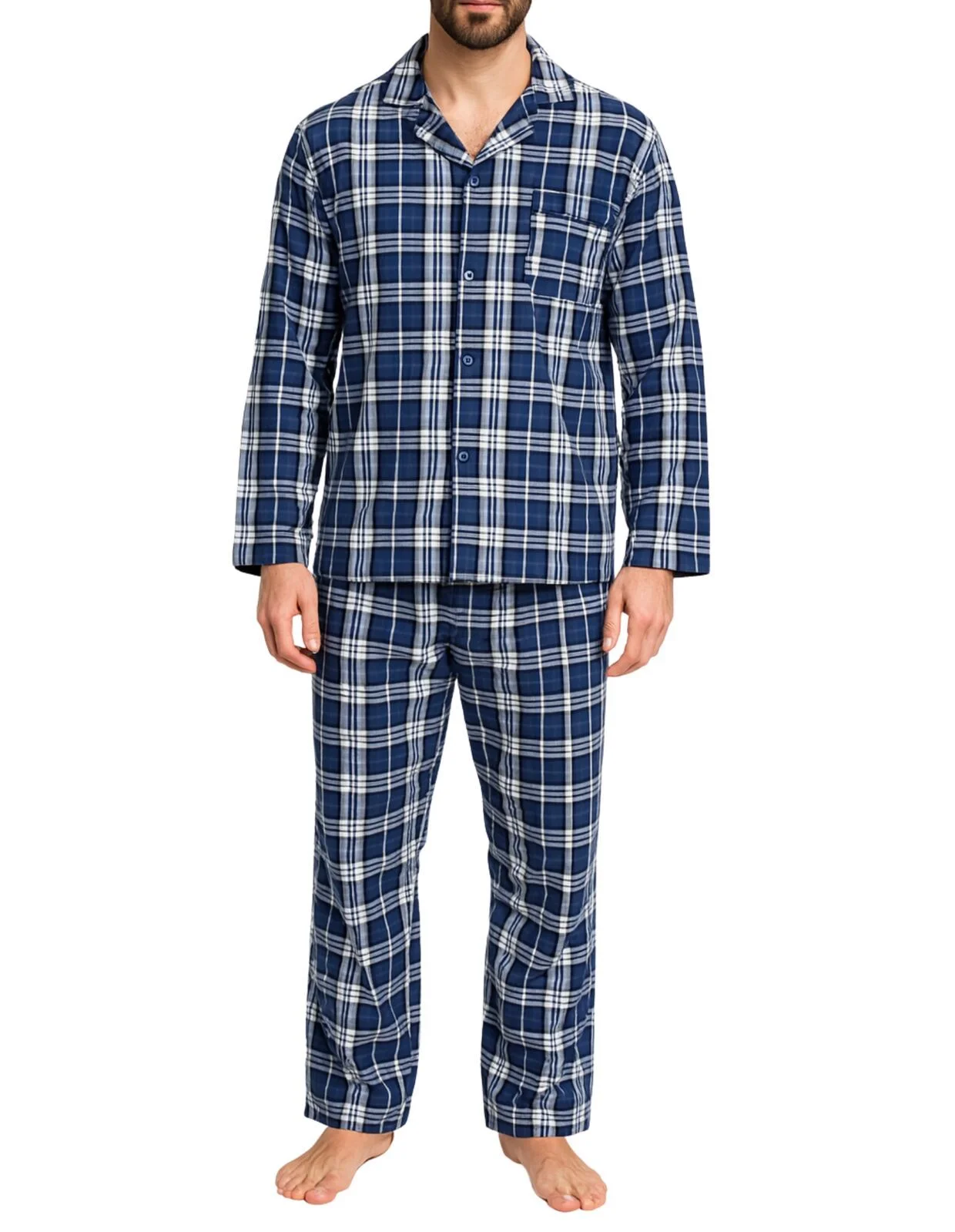 Mens Flannelette Pyjama Set Sleepwear Soft 100% Cotton PJs - Blue Check