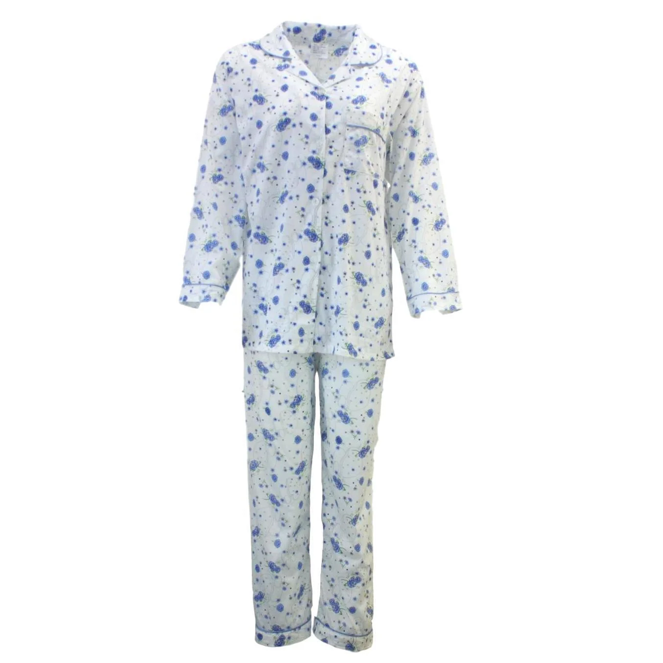 Womens PYJAMAS PJs Set Pajamas Ladies Cotton PJ Womens Long Sleeve Sleepwear - Blue - 12