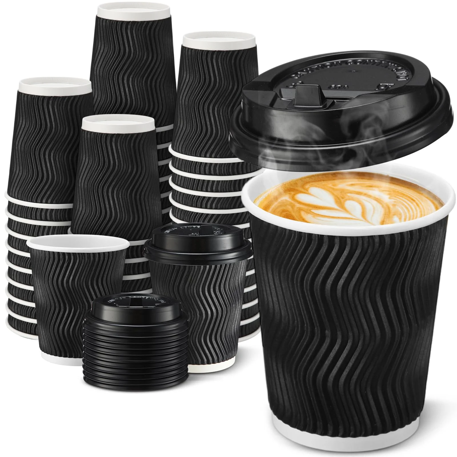 360x Triple Wall Paper Coffee Cups w/Lids (8oz) Disposable Takeaway Bulk in Black