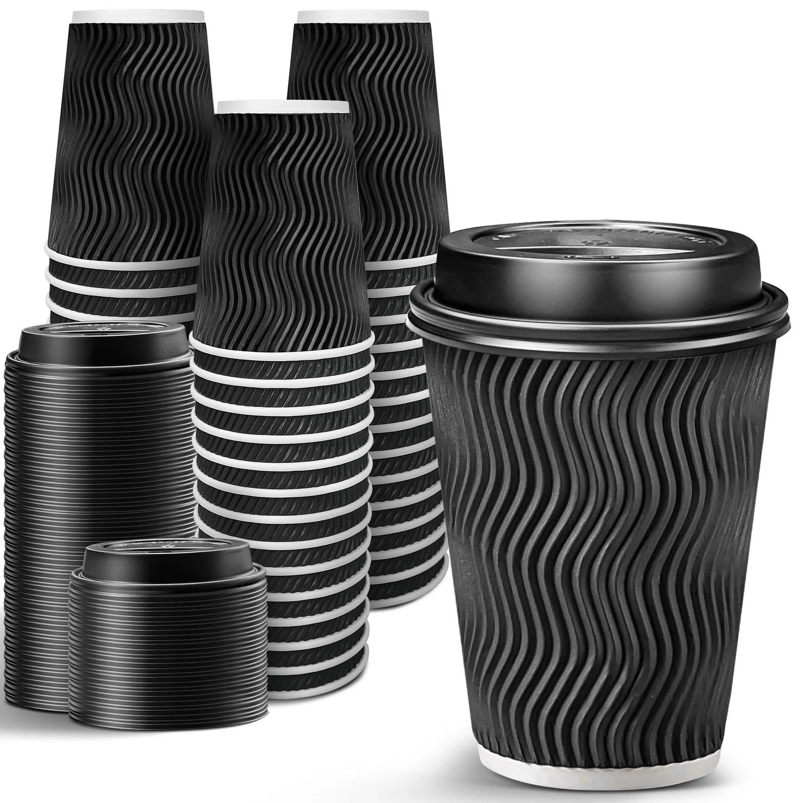 360x Triple Wall Paper Coffee Cups w/Lids (12oz) Disposable Takeaway Bulk in Black