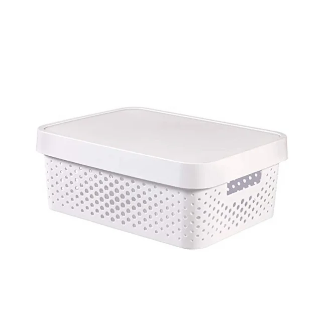 16x 11L Premium Plastic Storage Basket Container Box w/ Lid Dot Pattern (36*27*14cm)