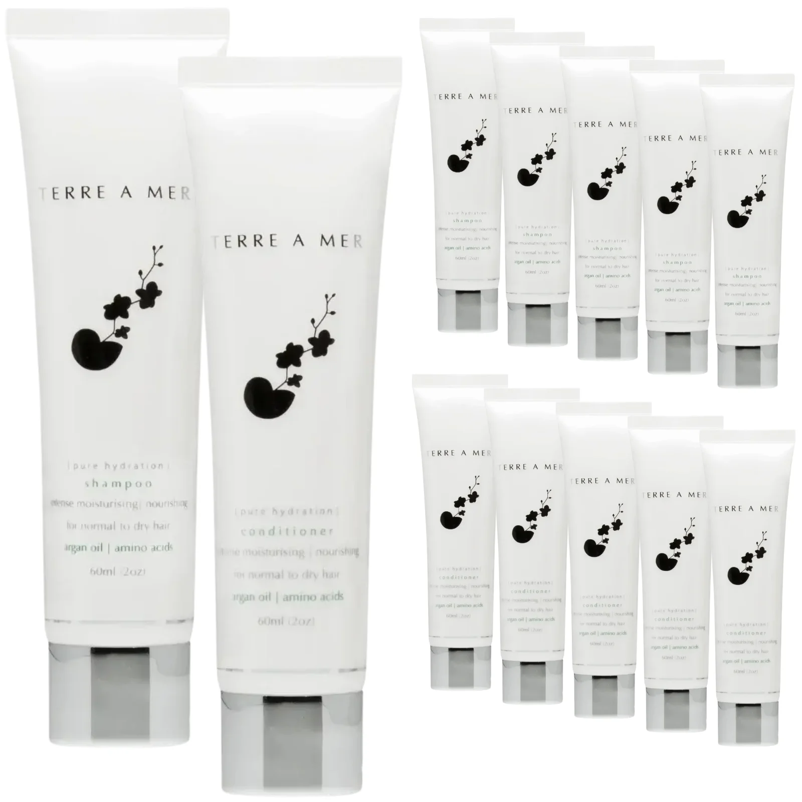 12pc Set Terre A Mer Pure Hydration Amino Acid/Argan Oil Shampoo & Conditioner - 60ml Travel Size