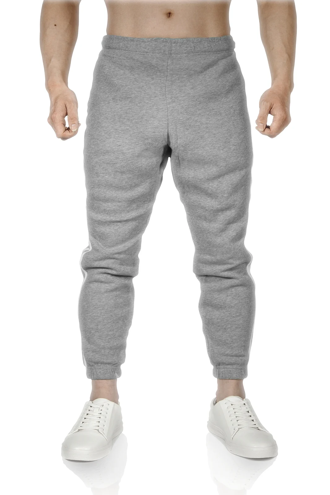 Mens Fleece Skinny Track Pants Jogger Gym Casual Sweat Trackies Warm Trousers - Grey Marle/White Stripe - XL