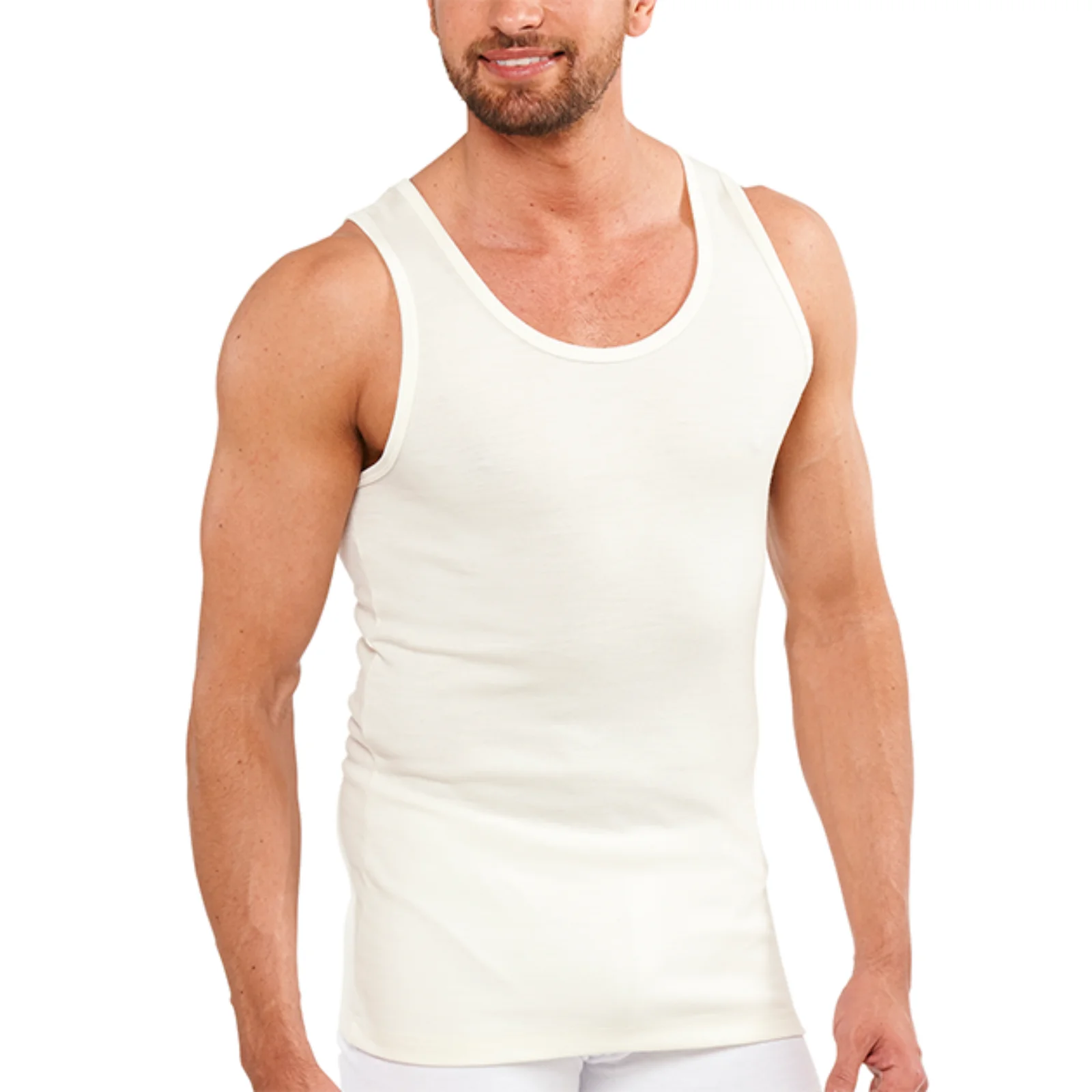 Mens THERMAL Merino Wool Blend Singlet Top Sleeveless Warm Underwear - Natural - Large