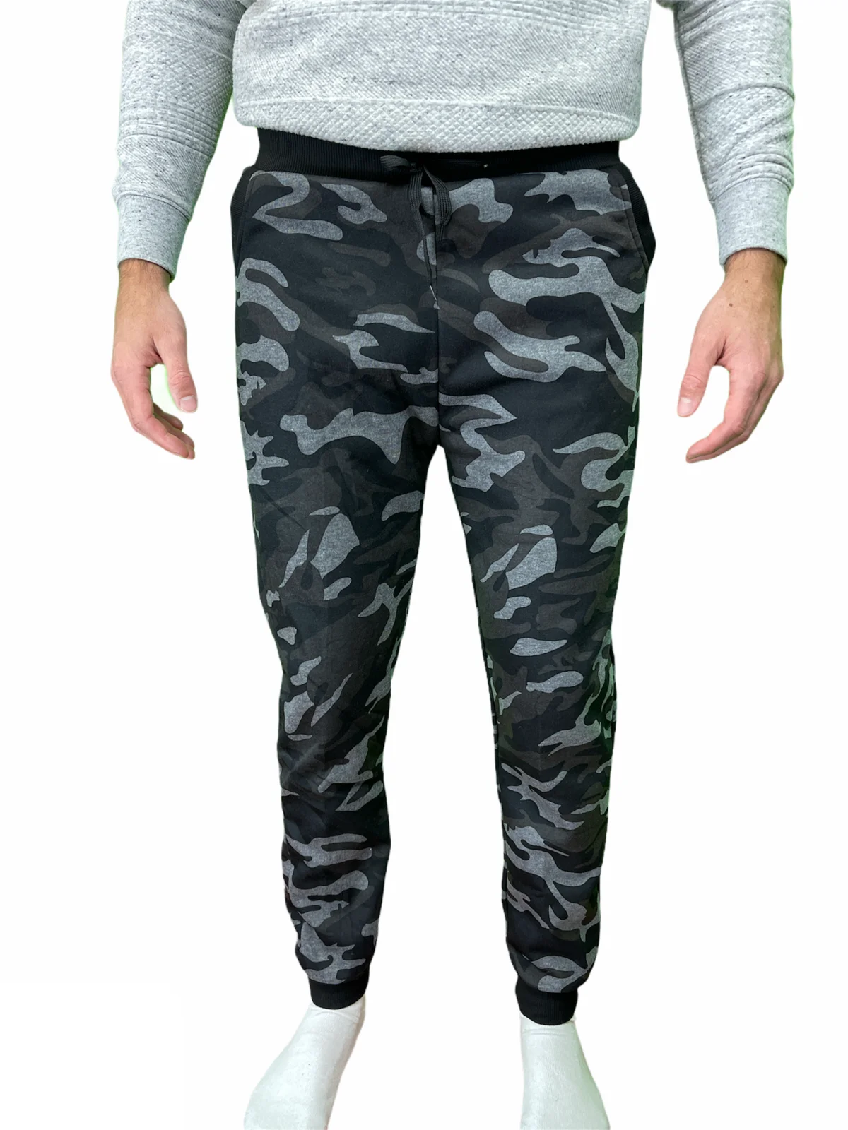 Mens Camouflage Track Pants Fleece Lined Jogger Camo Sweatpants Trackies - Black/Grey - Small/Medium (28""-32"")