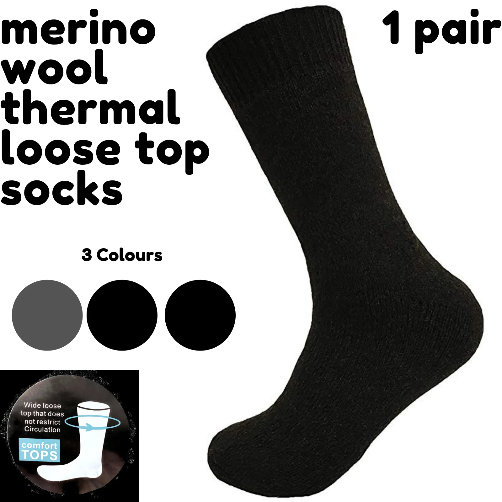Merino Wool Mens Loose Top Thermal Socks Diabetic Comfort Circulation - 1 Pair - Navy - 7-11
