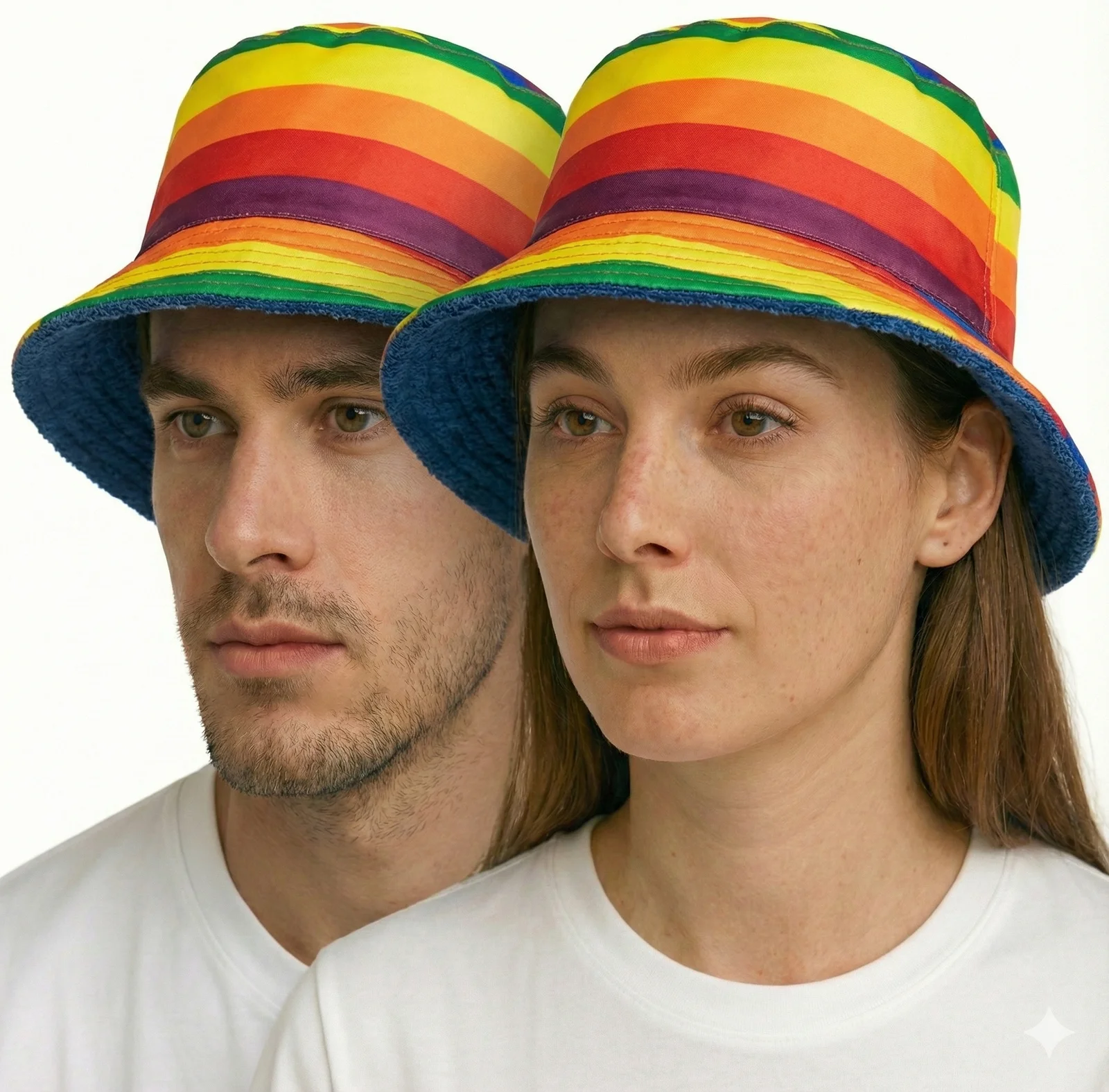 Reversible Stingy Brim Terry Towelling Bucket Hat Cap 100% COTTON - Rainbow/Blue - L/XL (58-59cm)