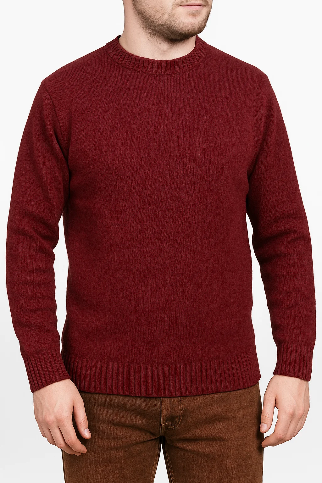 100% SHETLAND RAGG WOOL CREW Round Neck Knit JUMPER Pullover Mens Sweater Knitted - Burgundy - 4XL