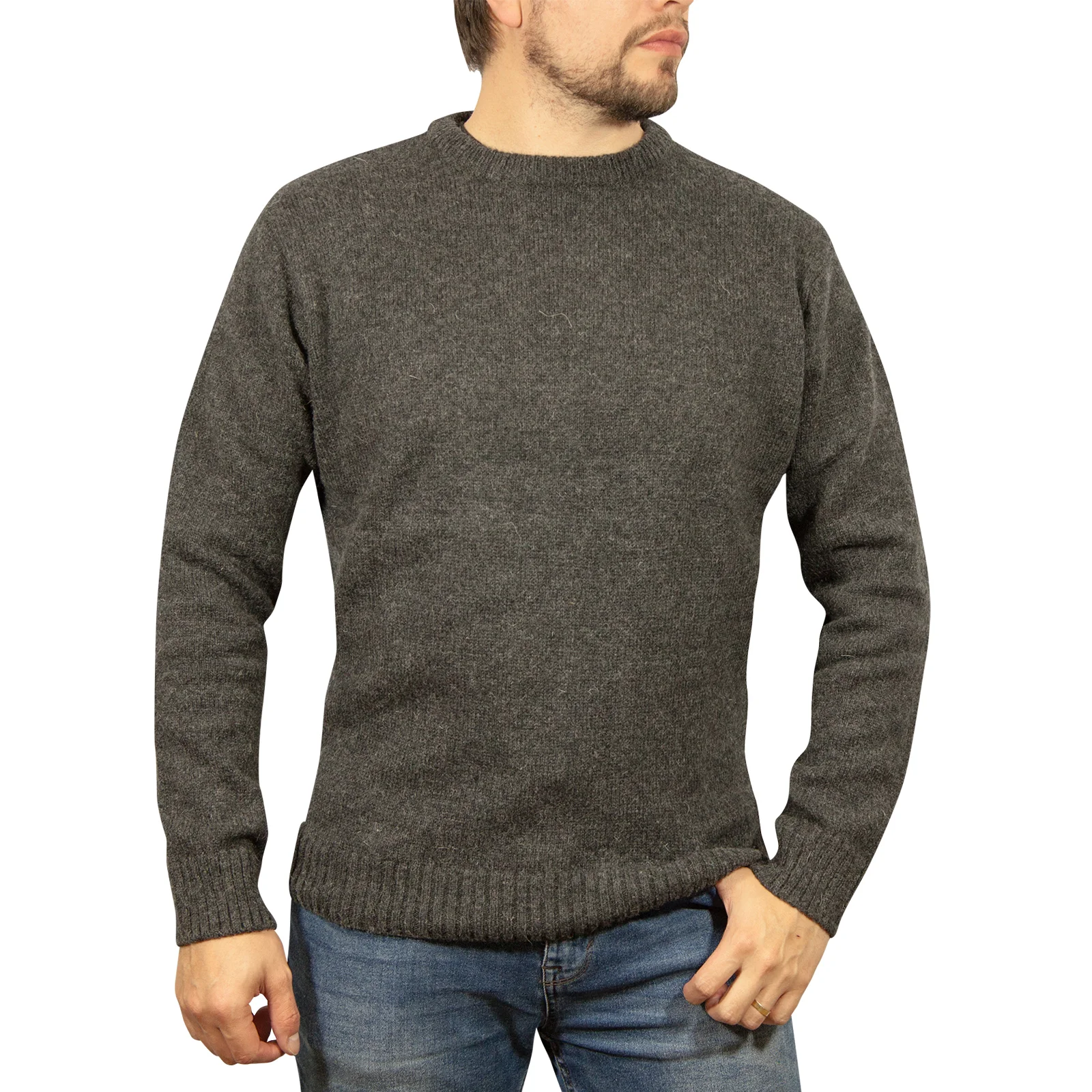 Mens 100% Shetland Ragg Wool Round Neck Knit Jumper Pullover Crew Sweater - Charcoal (29) - M
