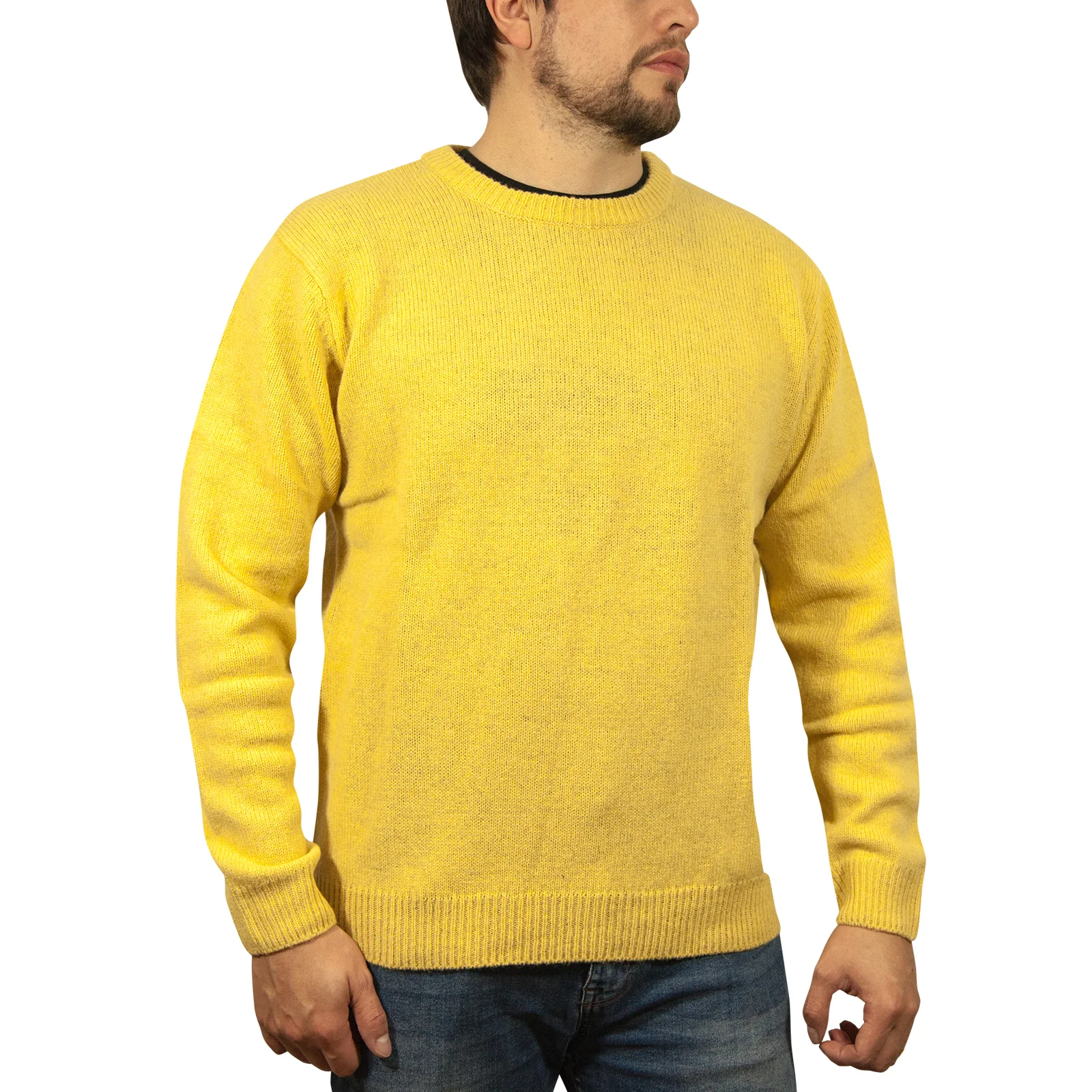 100% SHETLAND RAGG WOOL CREW Round Neck Knit JUMPER Pullover Mens Sweater Knitted - Corn (14) - M