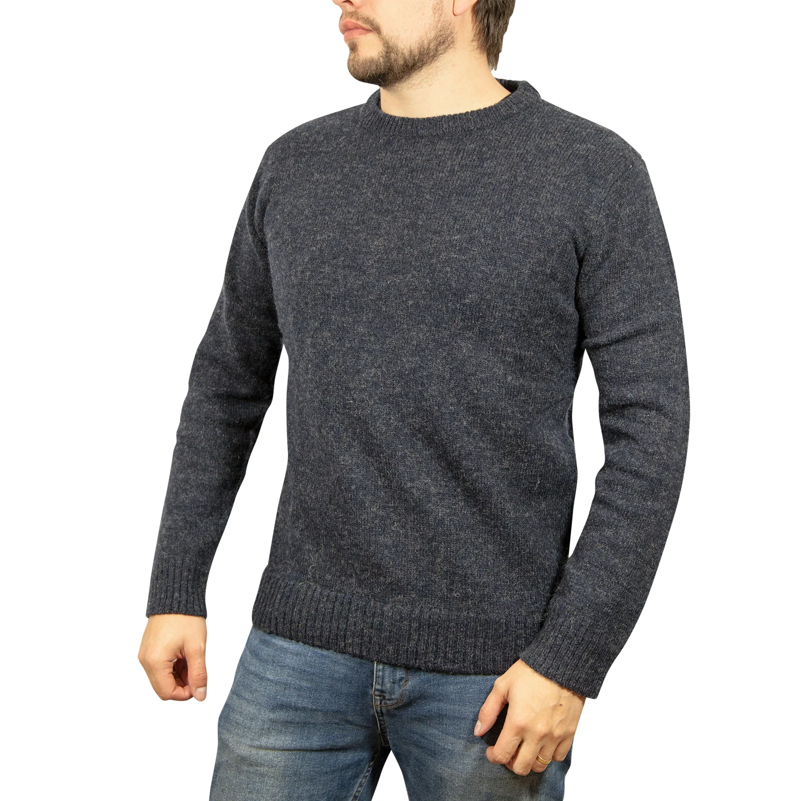 100% SHETLAND RAGG WOOL CREW Round Neck Knit JUMPER Pullover Mens Sweater Knitted - Navy - 6XL