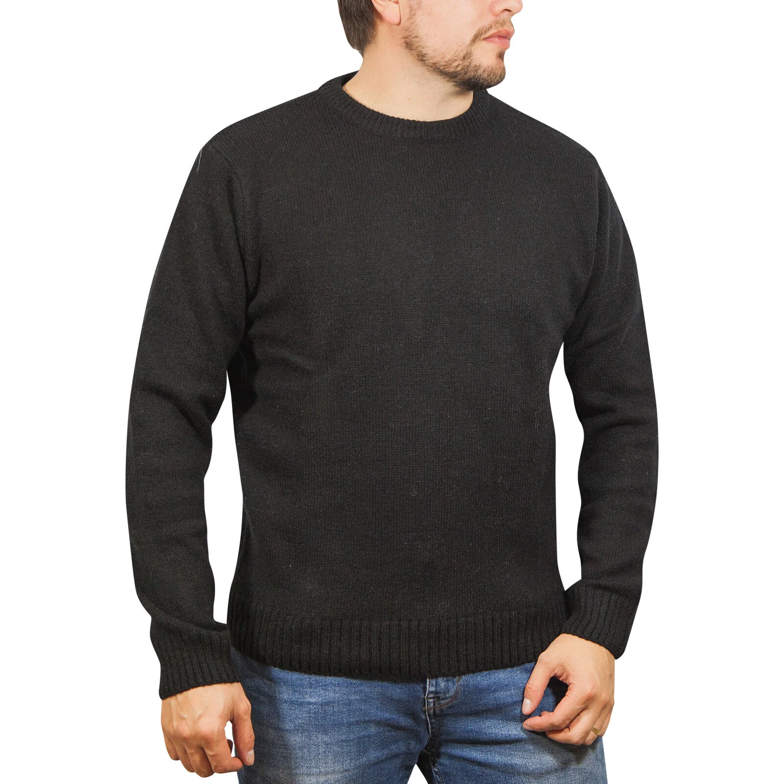 100% SHETLAND RAGG WOOL CREW Round Neck Knit JUMPER Pullover Mens Sweater Knitted - Plain Black - XXL