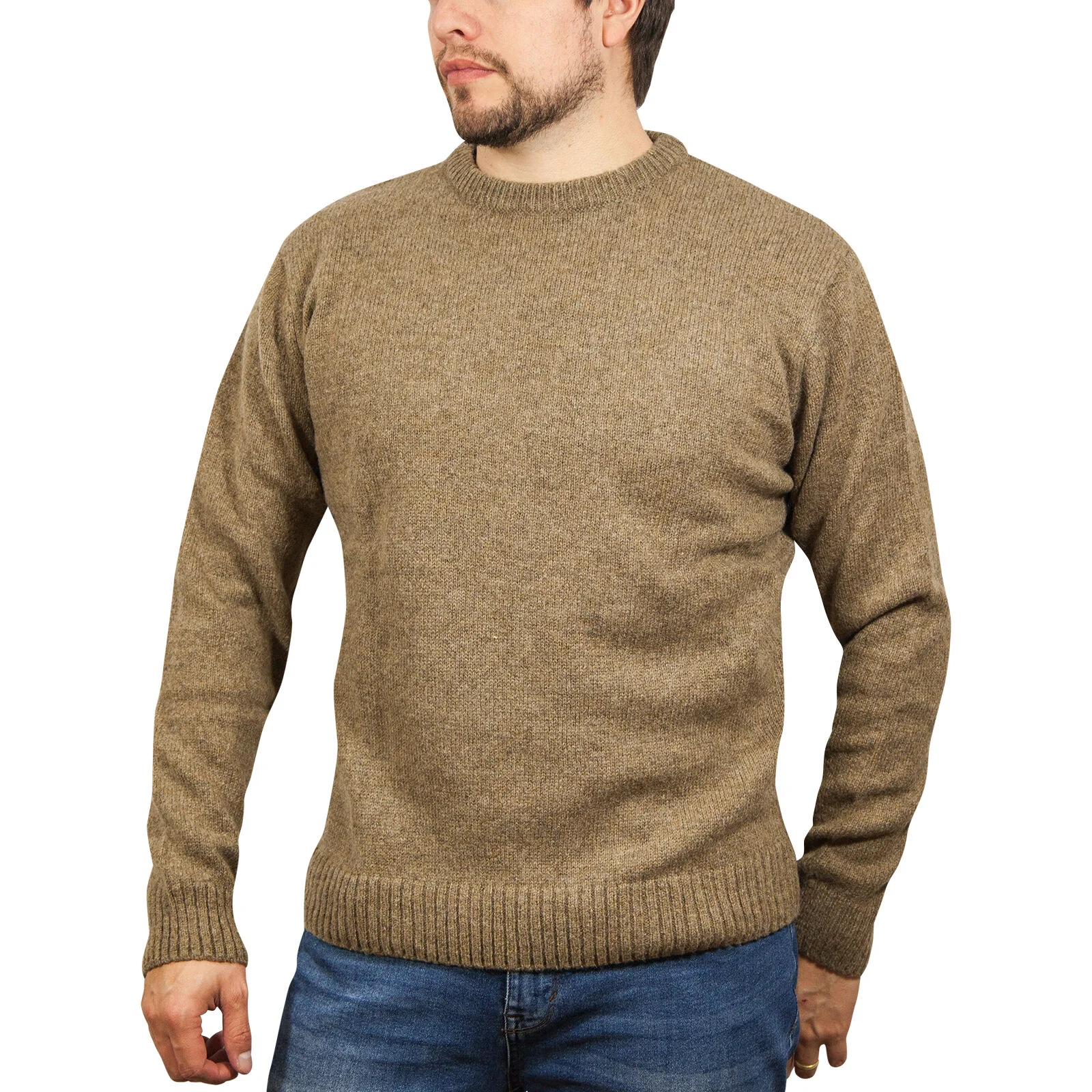 100% SHETLAND RAGG WOOL CREW Round Neck Knit JUMPER Pullover Mens Sweater Knitted - Nutmeg - L