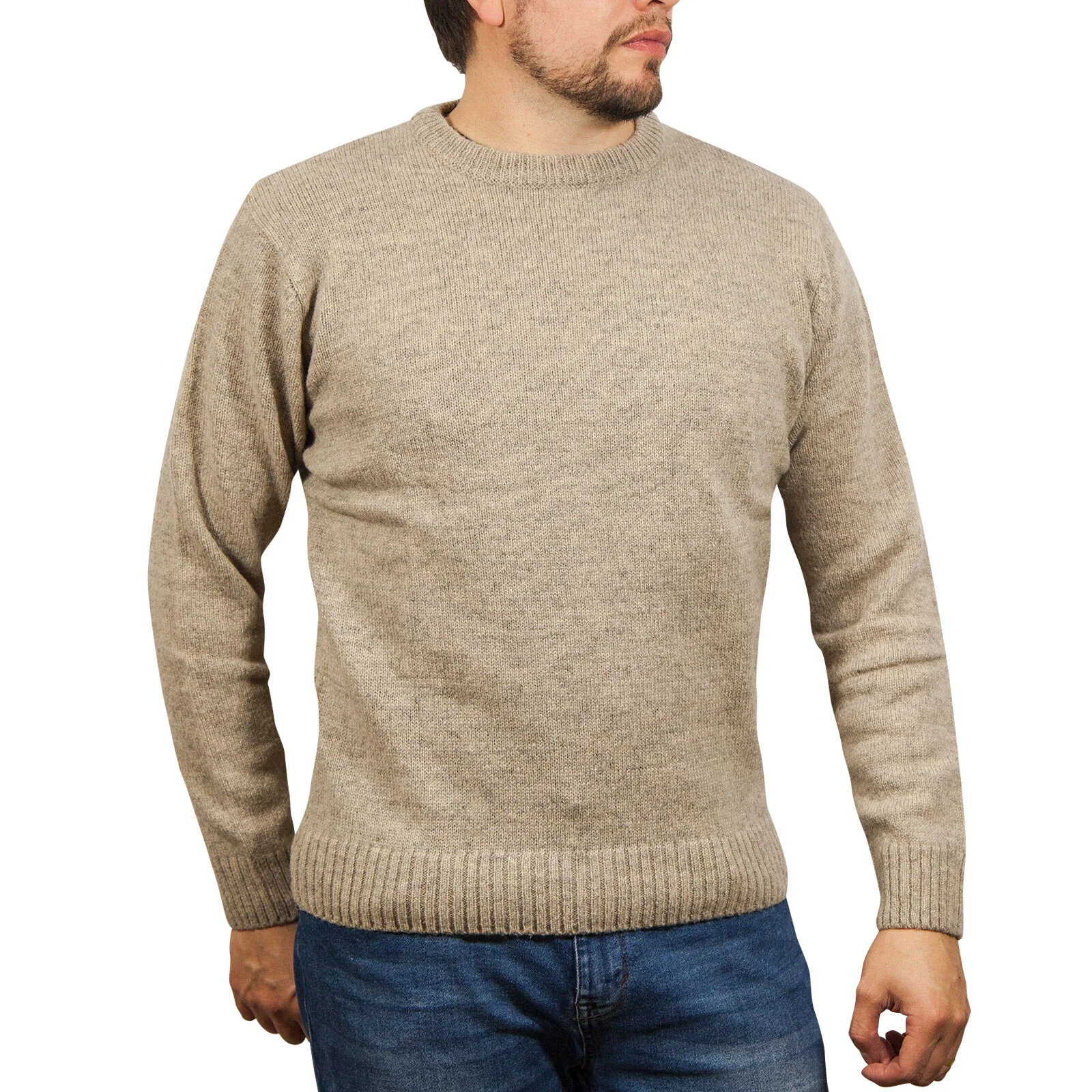 100% SHETLAND RAGG WOOL CREW Round Neck Knit JUMPER Pullover Mens Sweater Knitted - Beige - L