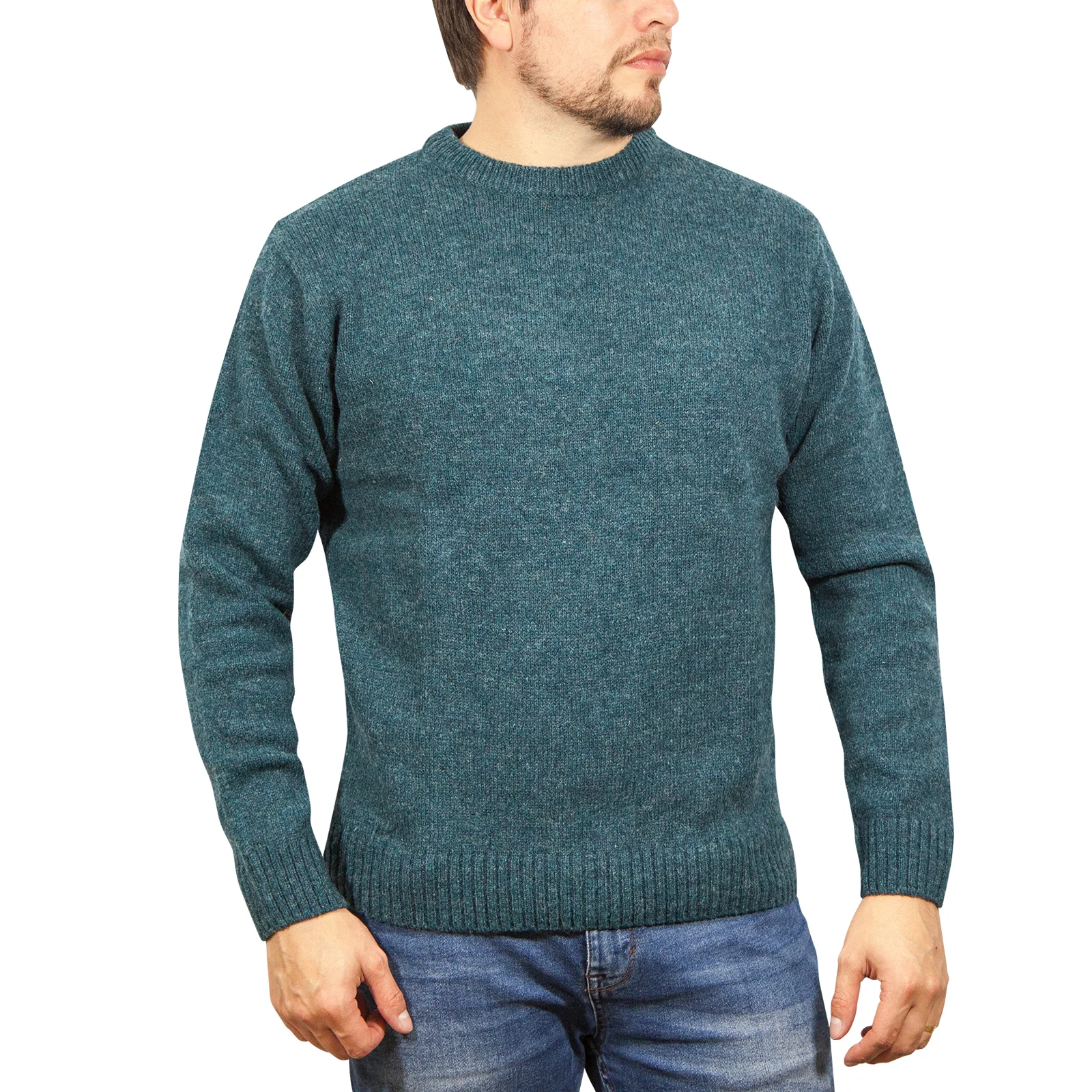 100% SHETLAND RAGG WOOL CREW Round Neck Knit JUMPER Pullover Mens Sweater Knitted - Sherwood - 6XL