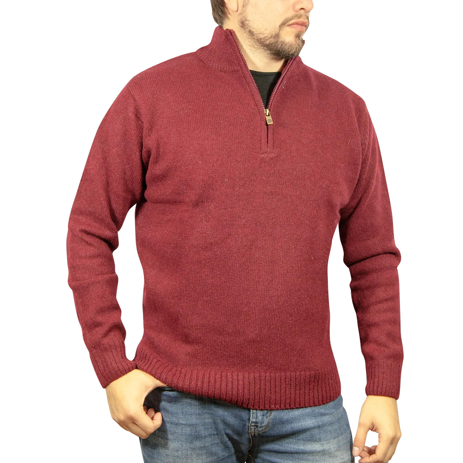 100% SHETLAND RAGG WOOL Half Zip Up Knit JUMPER Pullover Mens Sweater Knitted - Burgundy - S