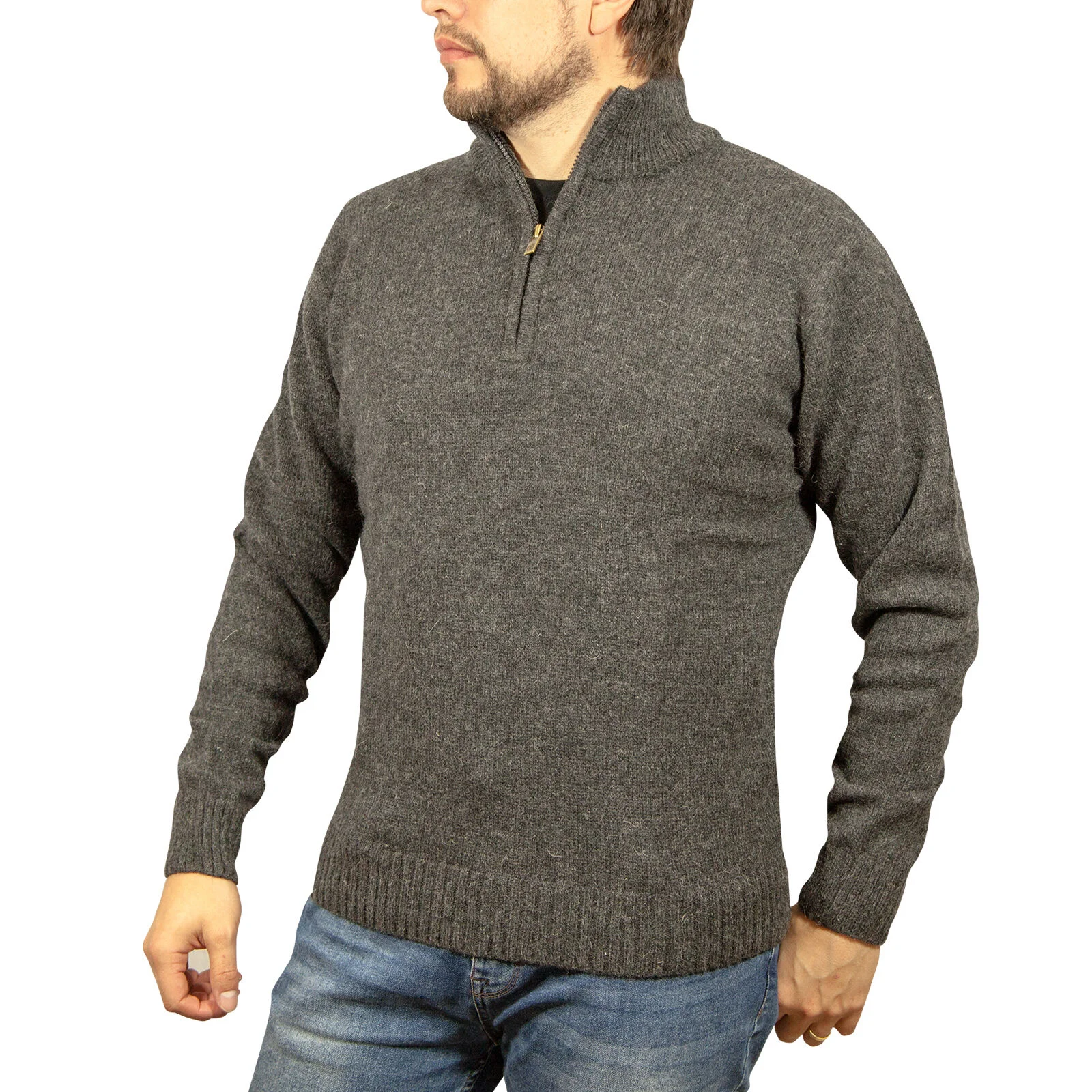 100% SHETLAND RAGG WOOL Half Zip Up Knit JUMPER Pullover Mens Sweater Knitted - Charcoal - S