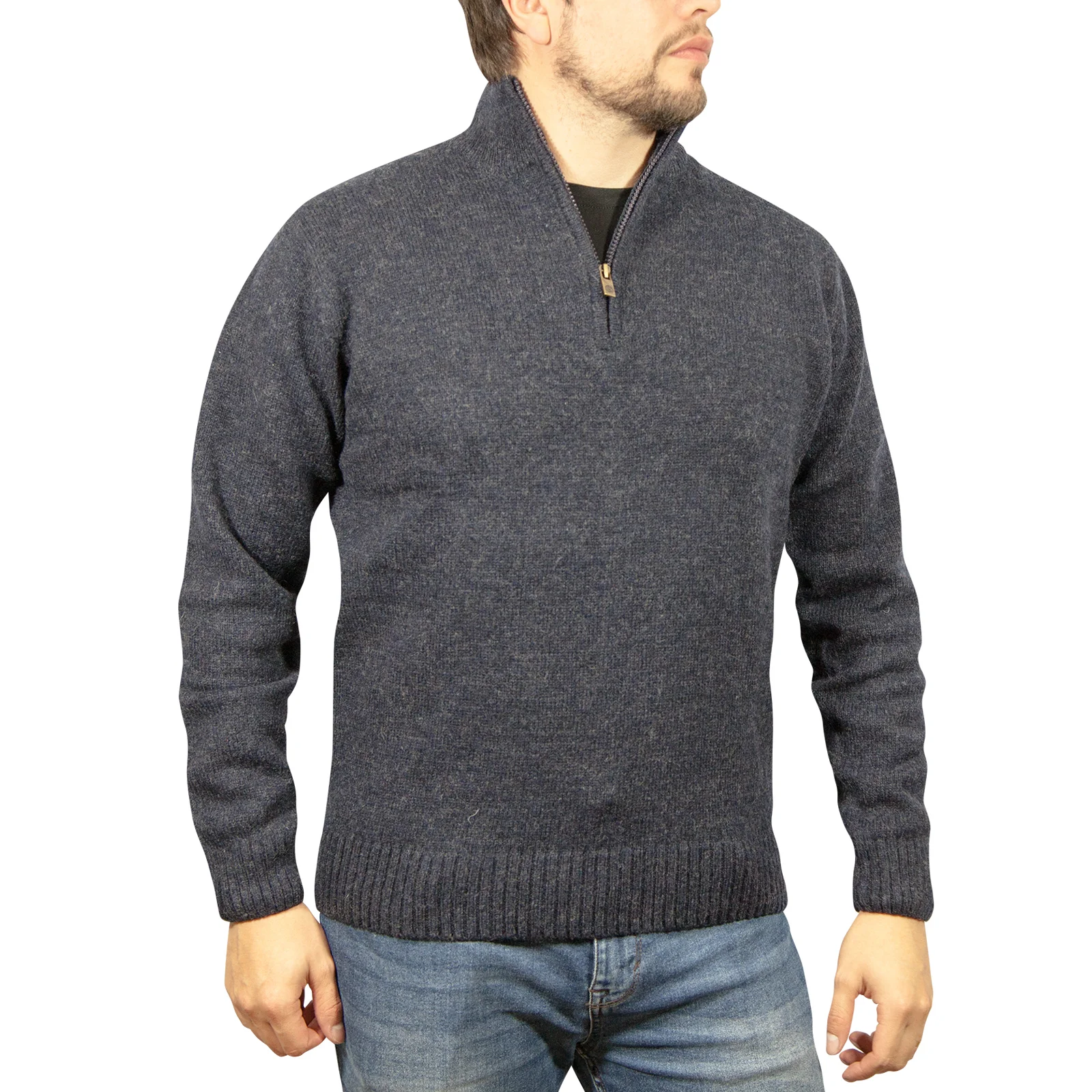 100% SHETLAND RAGG WOOL Half Zip Up Knit JUMPER Pullover Mens Sweater Knitted - Denim Blue (45) - 3XL - 5XL