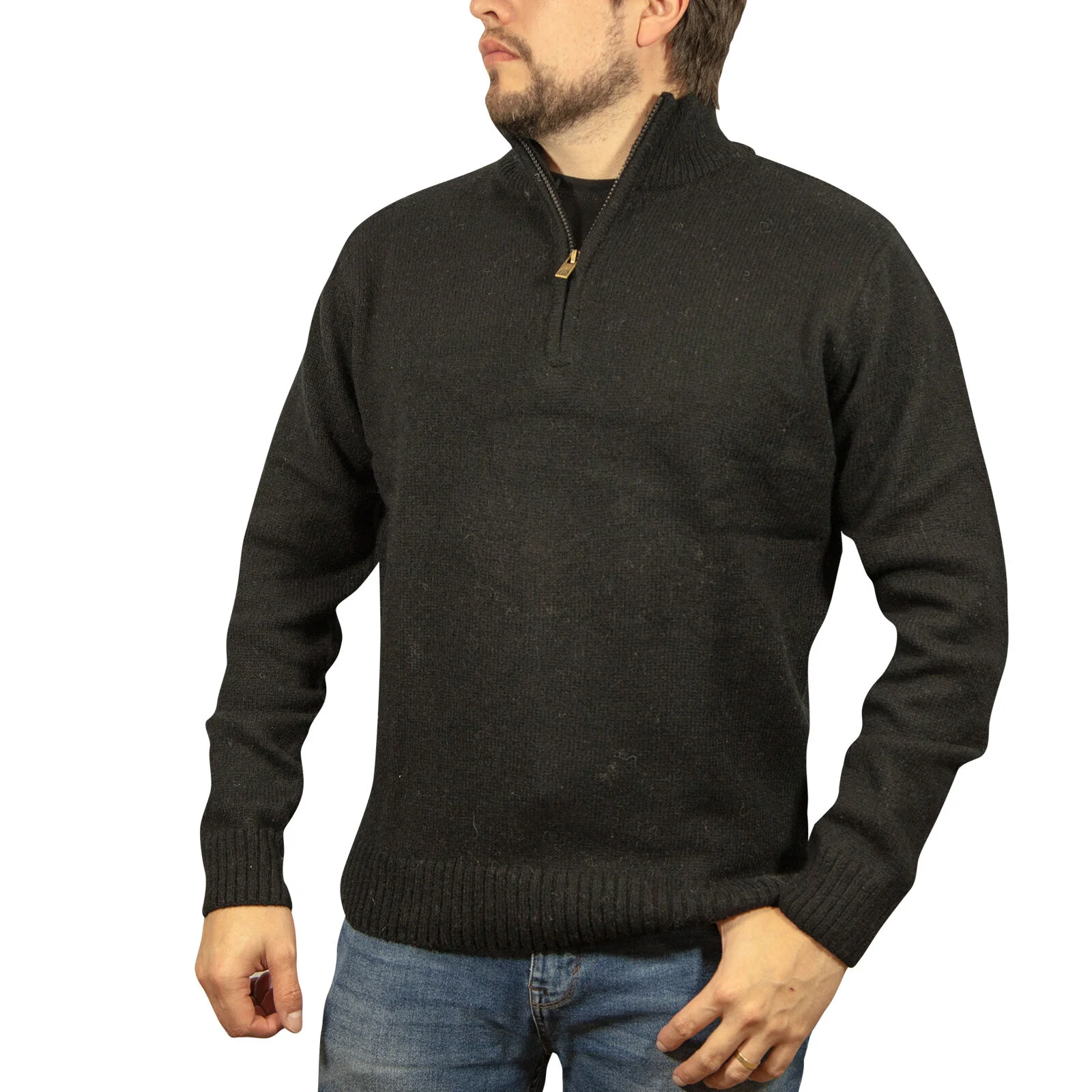 100% SHETLAND RAGG WOOL Half Zip Up Knit JUMPER Pullover Mens Sweater Knitted - Plain Black - 5XL