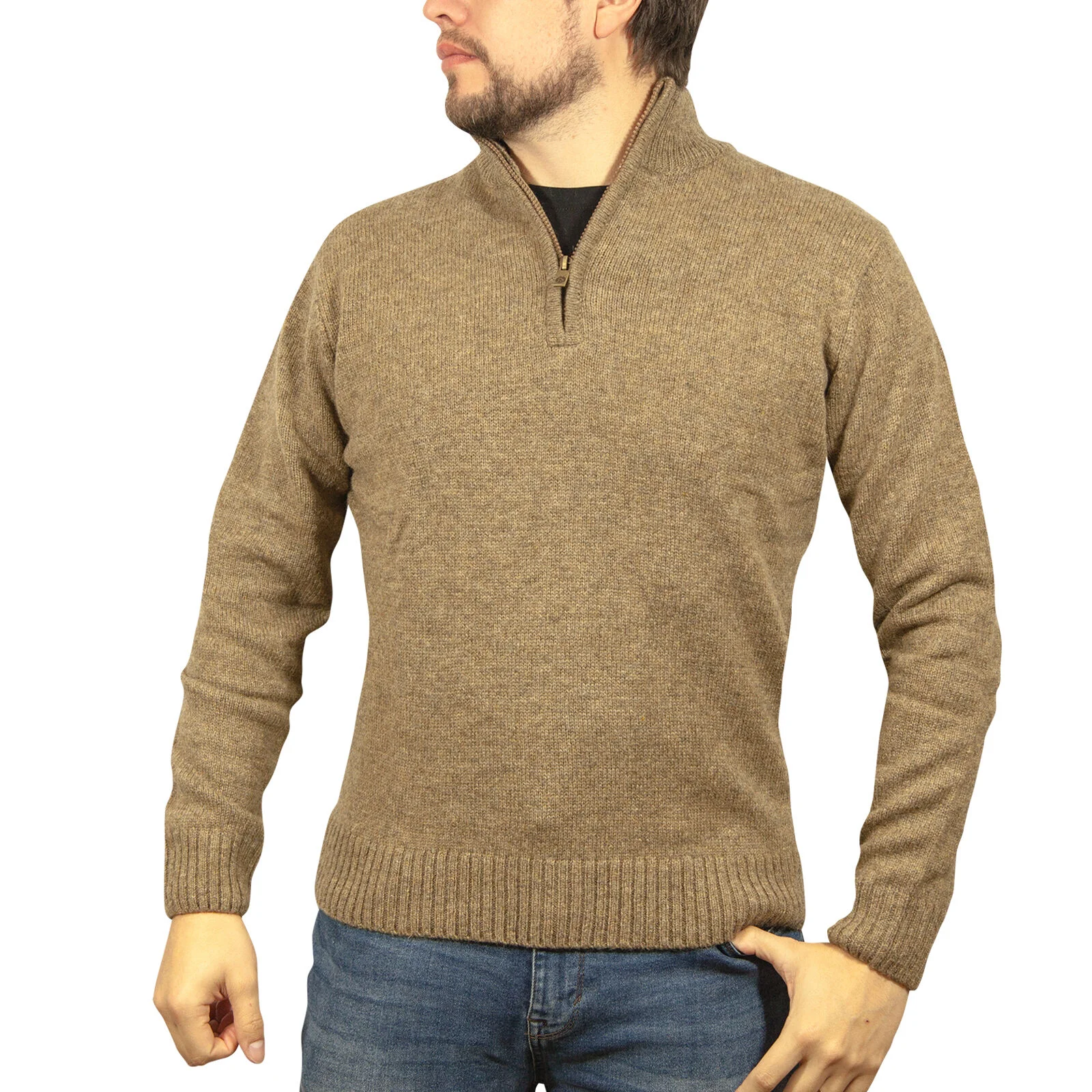 100% SHETLAND RAGG WOOL Half Zip Up Knit JUMPER Pullover Mens Sweater Knitted - Nutmeg