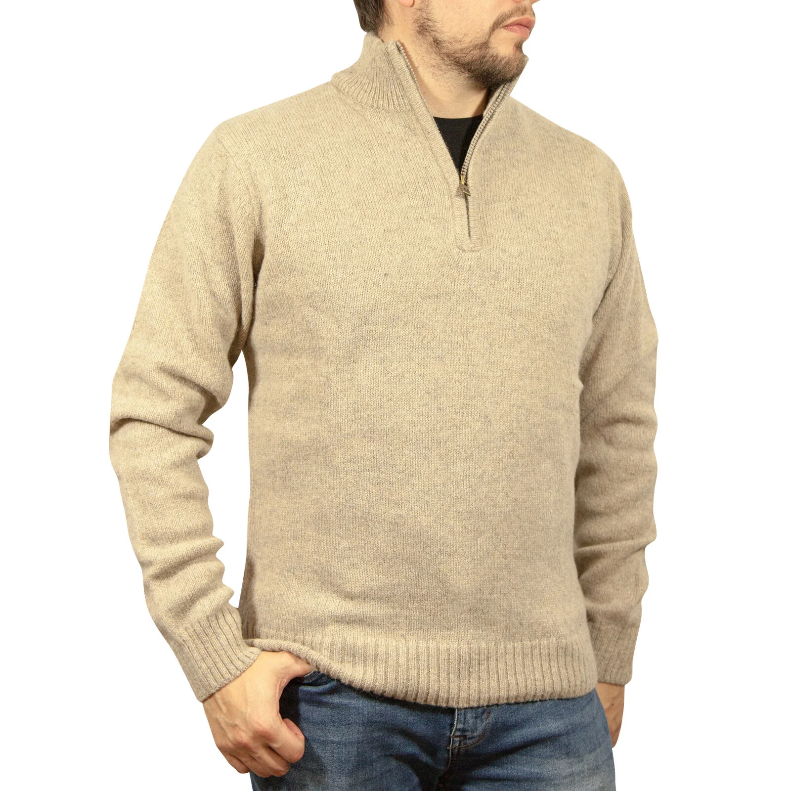 100% SHETLAND RAGG WOOL Half Zip Up Knit JUMPER Pullover Mens Sweater Knitted - Oat Marle - 4XL