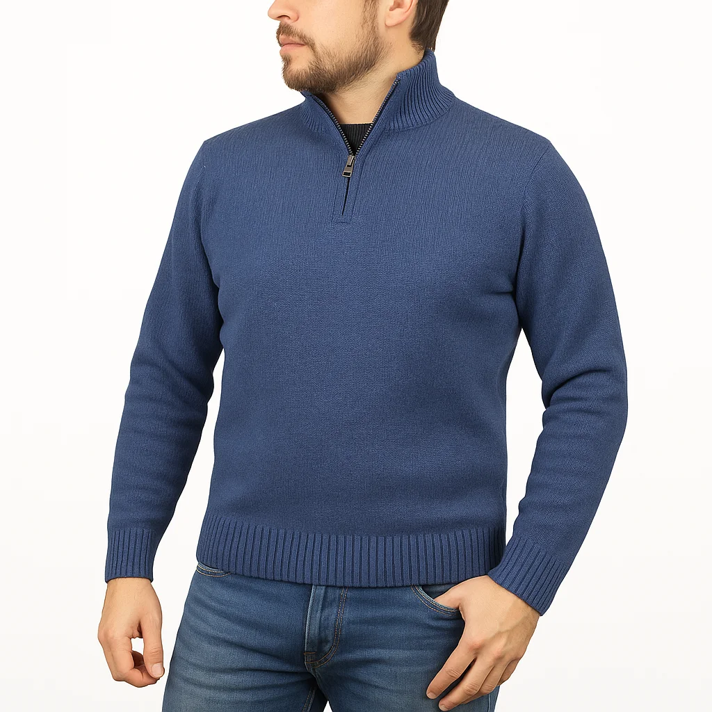 100% SHETLAND RAGG WOOL Half Zip Up Knit JUMPER Pullover Mens Sweater Knitted in Sky - L